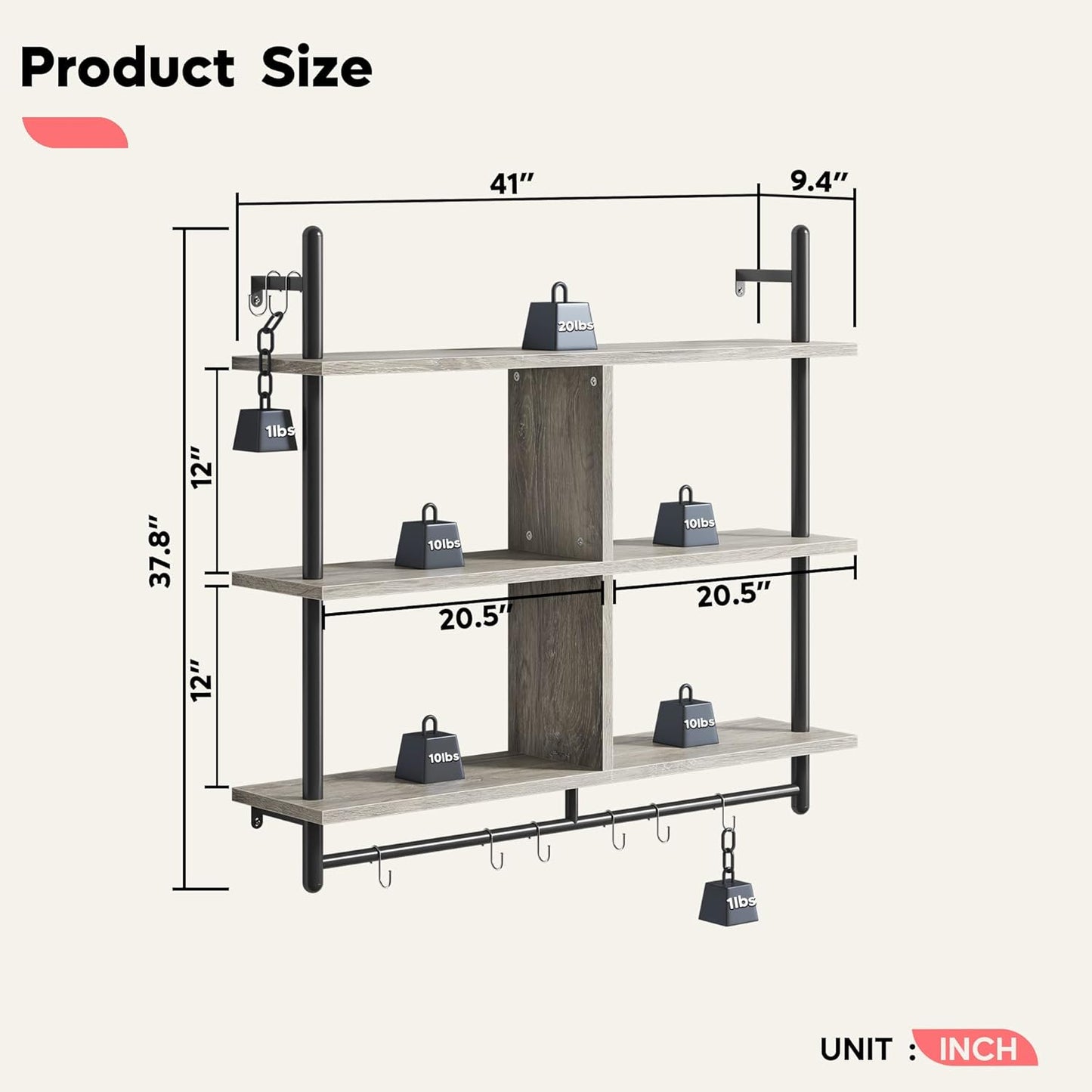 Bestier 41.5" Floating Pipe Shelving Kitchen Shelves Wall Mounted 3 Tier Ladder Shelf Hanging with Circular Tube Display Bookshelf Storage for Living Room Kitchen Balcony, Retro Grey