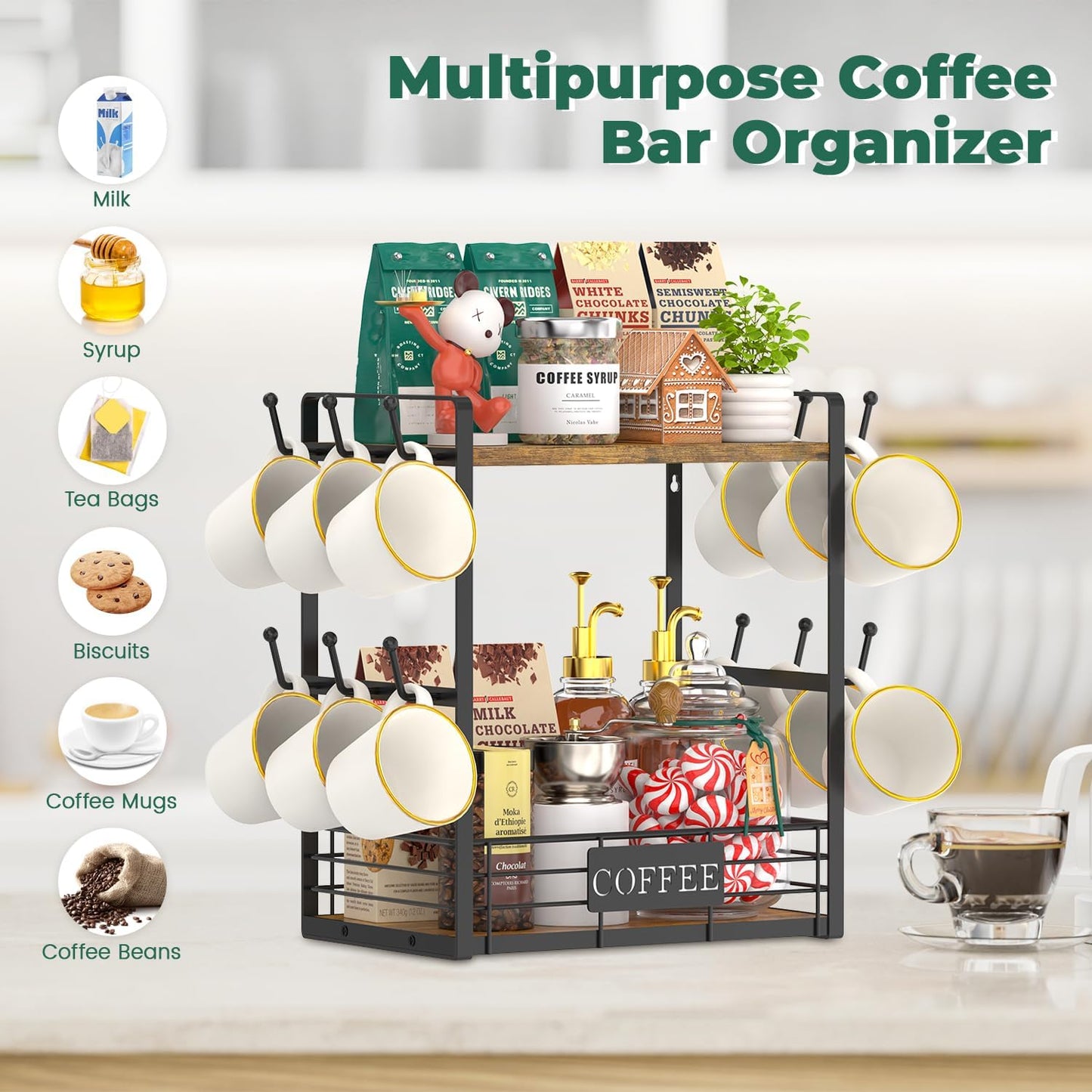 EsLuker.ly Coffee Mug Cup Holder Tree Bar Station Organizer for Countertop, Multi-Functional 2 Tier Mug Stand Rack for Kitchen, Storage Shelf with 12 Hooks, Vintage Brown-Black(Patented Design)