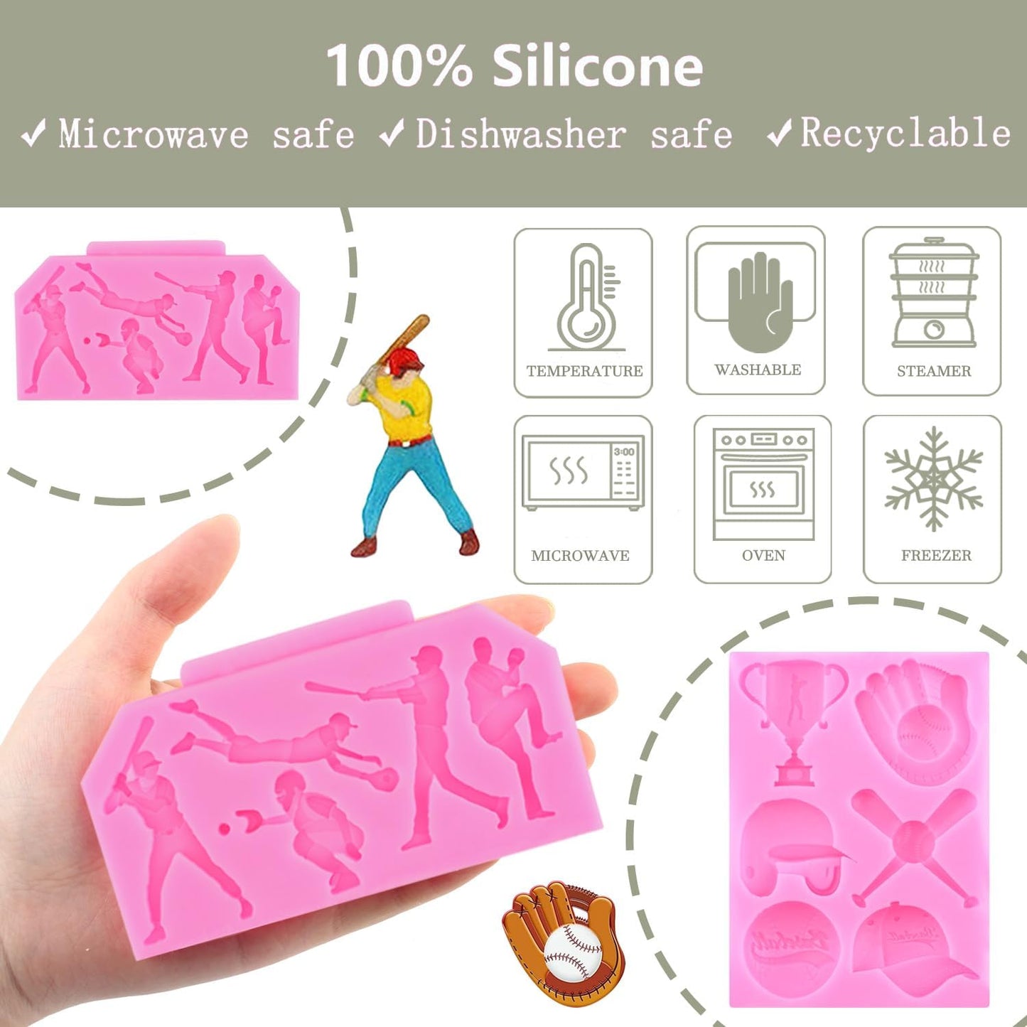 Mujiang Baseball Fondant Molds Sports Theme Silicone Molds Baseball Cap Bat Cake Decoration Mold For Cake Decorating Chocolate Gum Paste Candy Polymer Clay Set Of 3