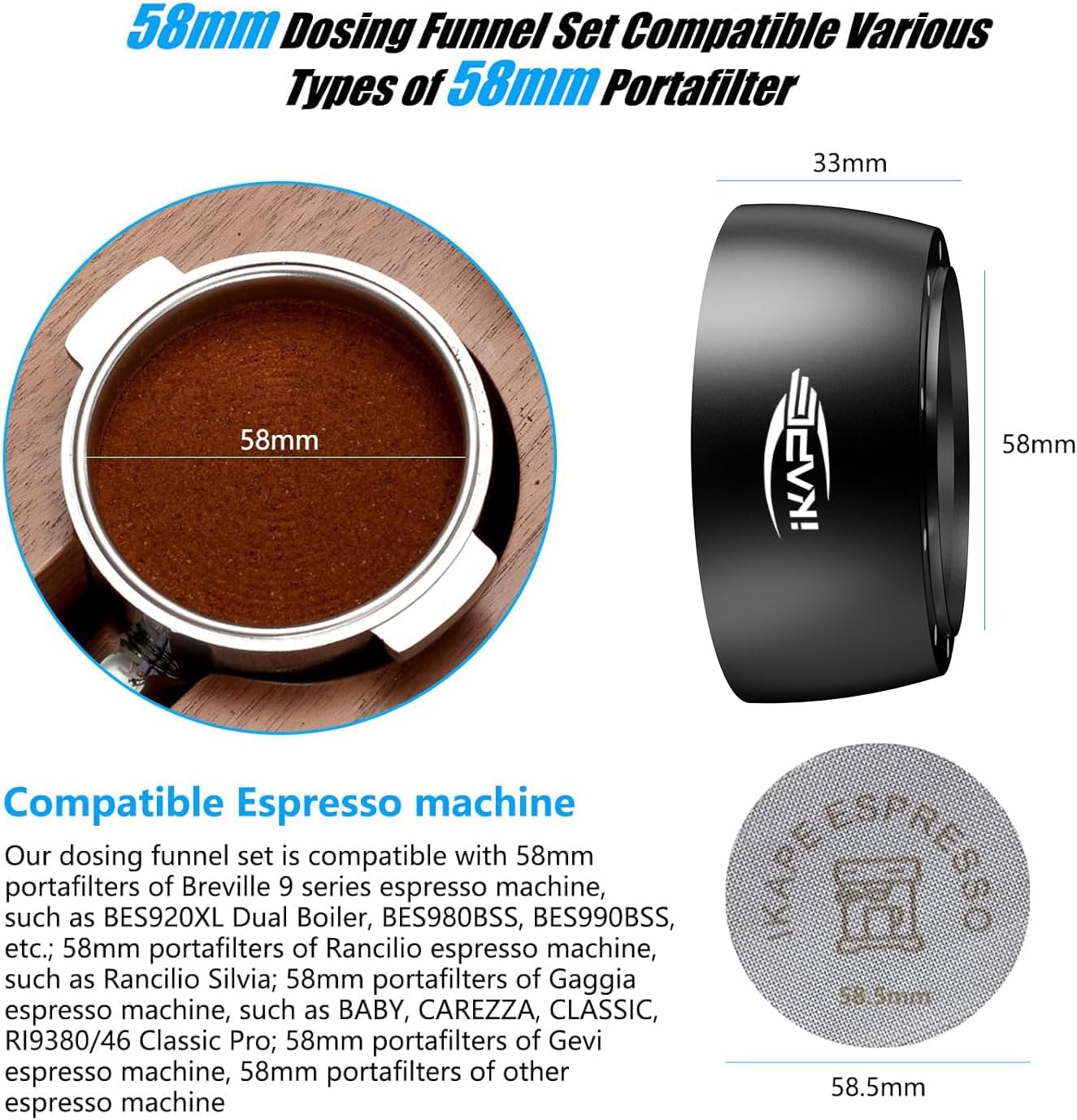 IKAPE Magnetic Dosing Funnel Set, 58MM Espresso Dosing Ring & Puck Screen Kit Compatible with 58MM Bottomless Portafilter - with 10 Small Magnet (Black)