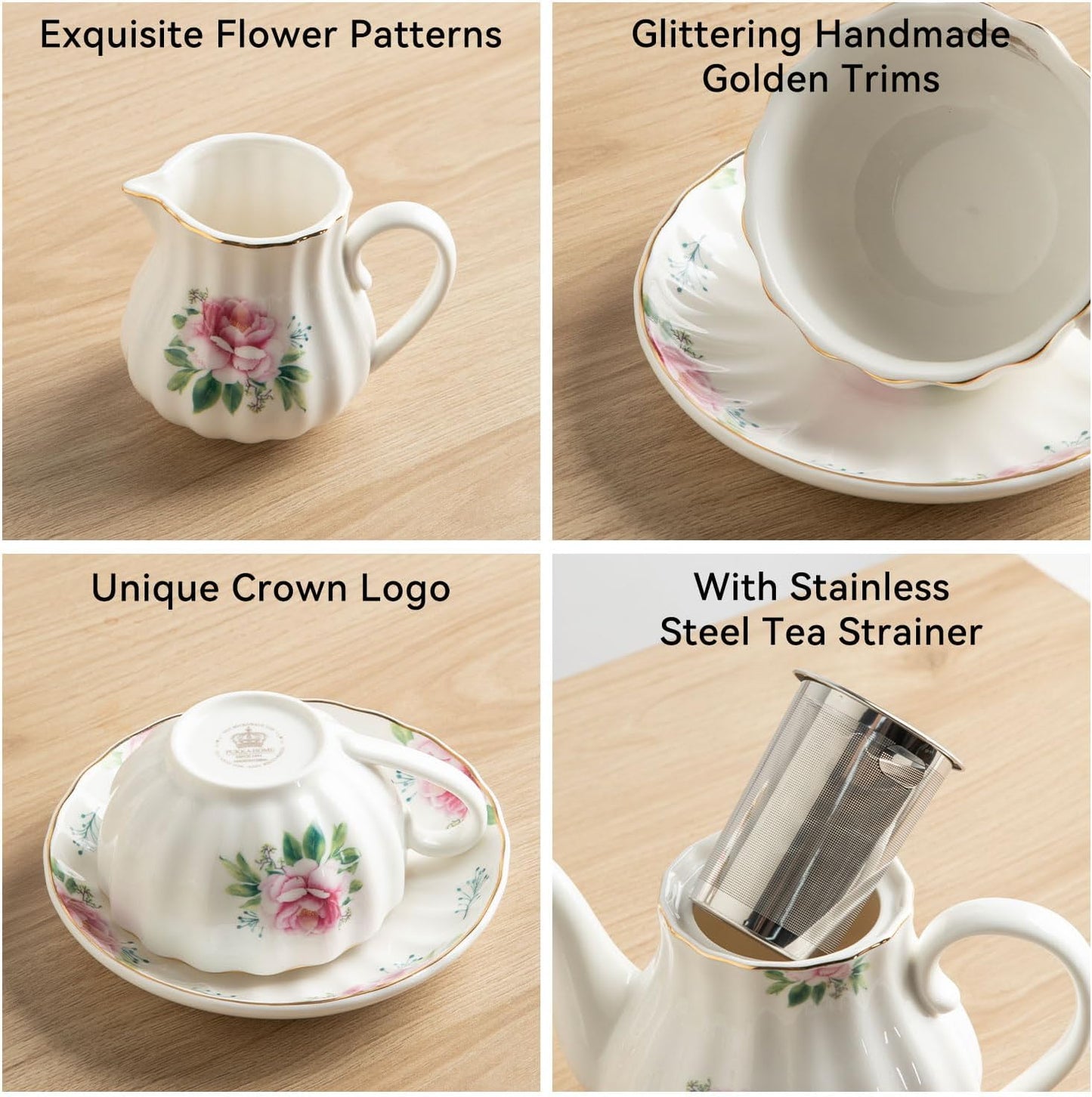 Porcelain Tea Sets British Royal Series, 8 OZ Cups & Saucer Service for 6, with Teapot Sugar Bowl Cream Pitcher Teaspoons and Tea Strainer, Suitable for High Tea, Wedding, Party(Blush Pink)