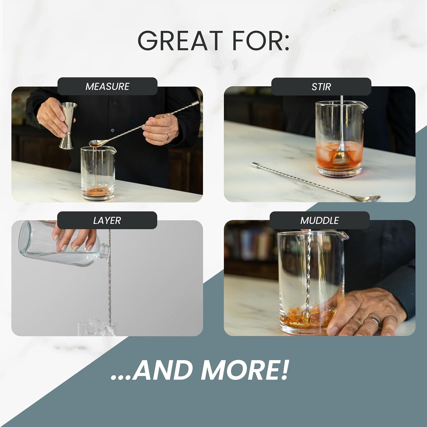 A Bar Above Bar Spoon Set, Spiral Handle, Stainless Steel Mixing Spoons for Cocktail Mixer Set, to Stir and Layer, Basic Professional or Home Bars Accessories (Stainless Steel, Smooth)