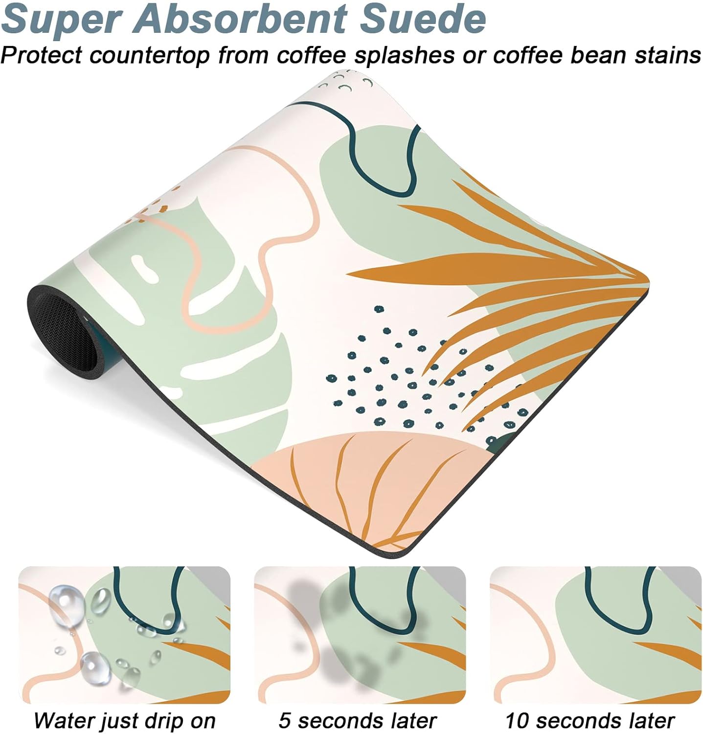 Rnivvi Coffee Mat, 12" x 19" Cute Boho Theme Coffee Bar Mats for Espresso Machine Station Accessories and Organizer, Hide Stain Rubber Backed Absorbent Dish Drying Pad for Kitchen Counter, Tropical