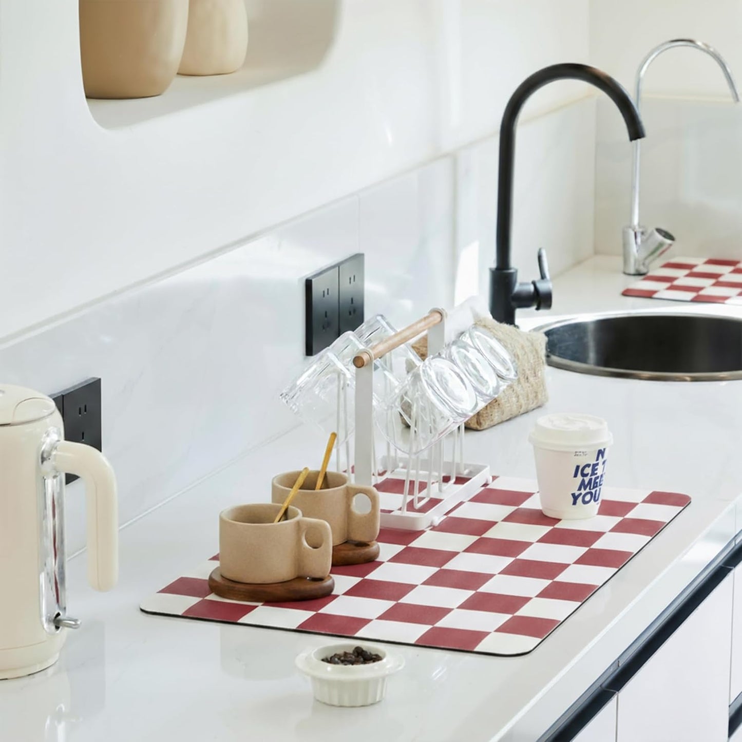 Red Checkered Dish Drying Mat for Kitchen Counter, Coffee Bar Station Accessories, Retro Cute Aesthetic Modern Absorbent Drainer Mat Kitchen Drying Mat Easy Clean 19" x 12"