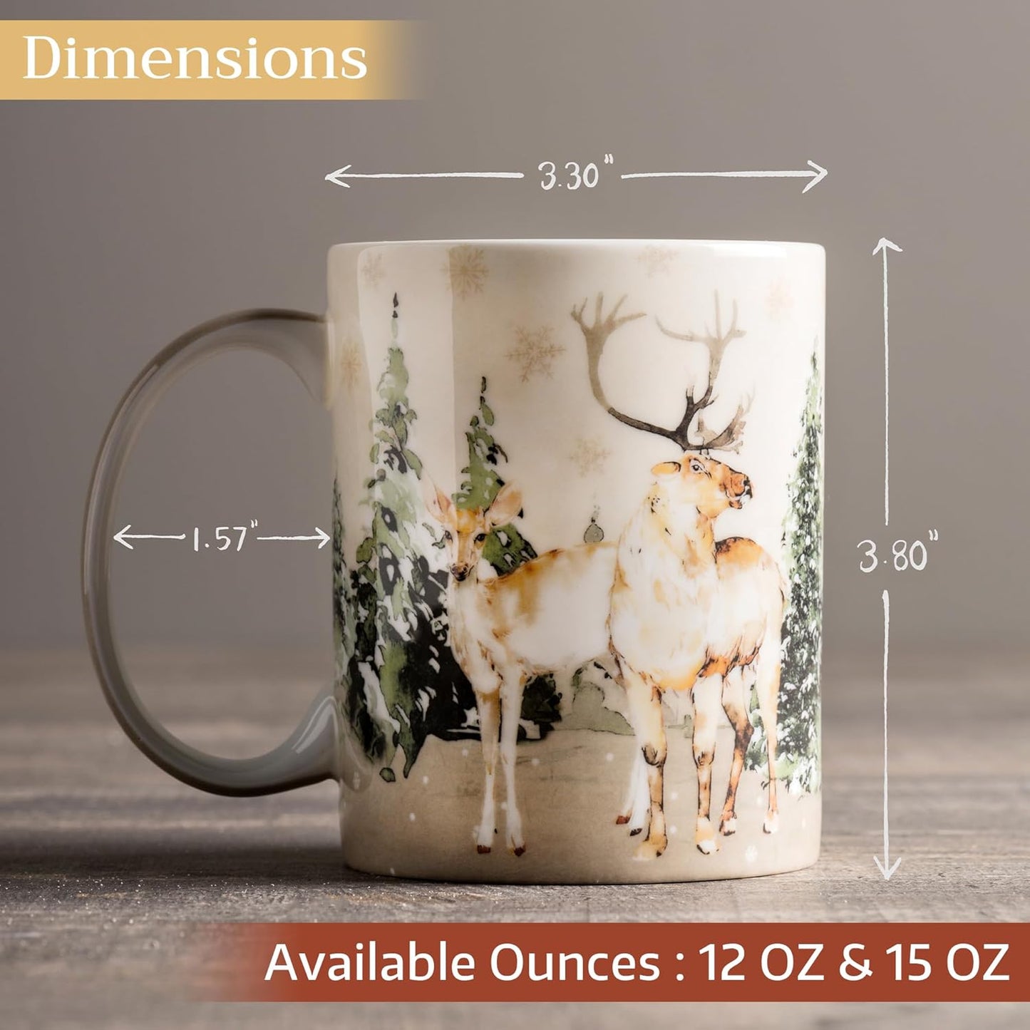 Maison d' Hermine Coffee Mug with Handles Fine Bone China Mugs Pack of One Tea Cups for Hot Beverages Cappuccino Latte Home Office Perfect for Gift (Deer In The Woods - Forest Deer, 15 Ounce)