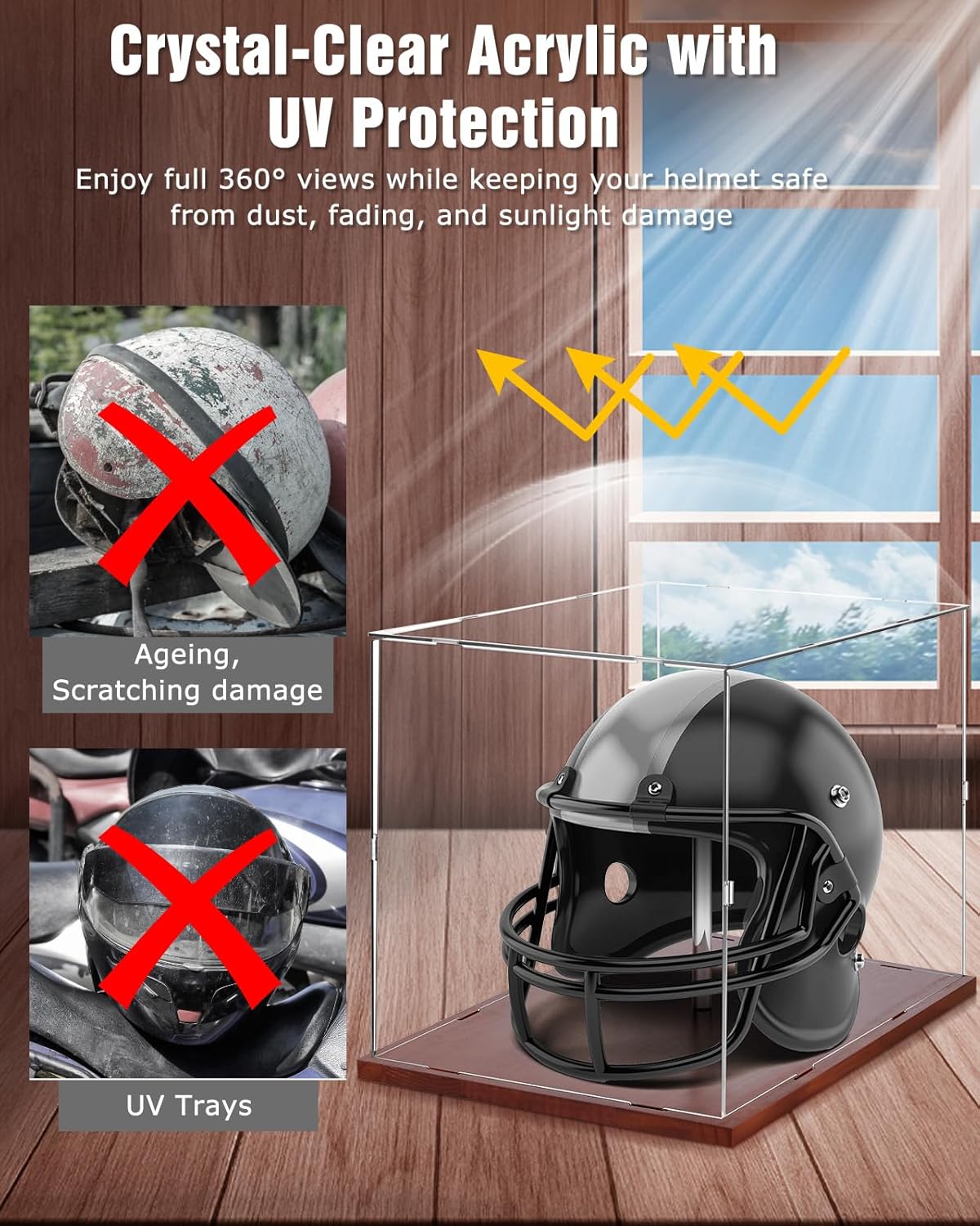 Full Size Football Helmet Display Case - 15.4×11×11.8in Interior, 100% Wooden Base, Compatible with Baseball/Motorcycle/Racing Helmets, High-Transparency Acrylic with UV Protection