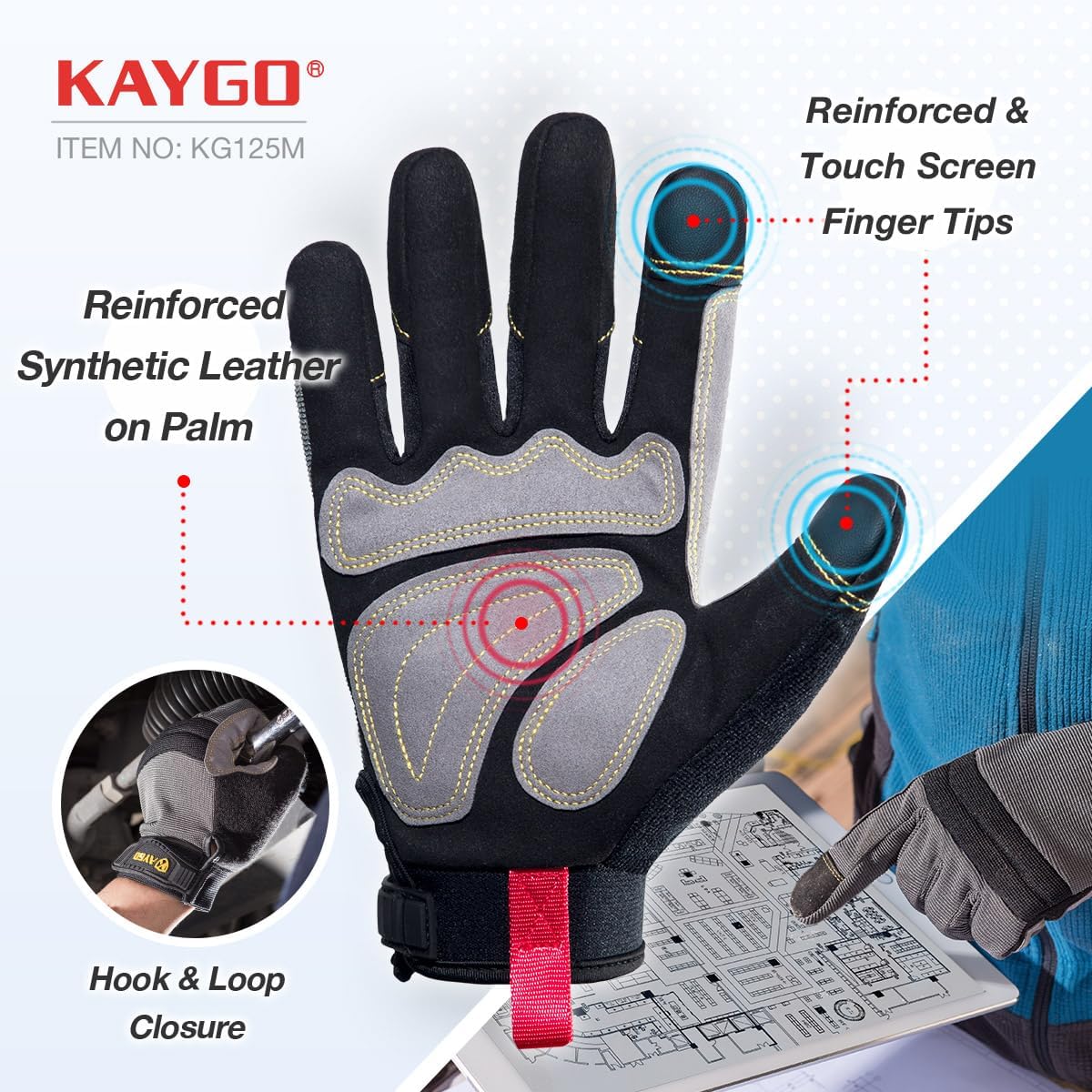 KAYGO Work Gloves For Men, KG125M Mechanic Utility Work Gloves for All Purpose, Excellent Grip, Heavy Duty, Improved Dexterity, Touch Screen,X-Large,Grey