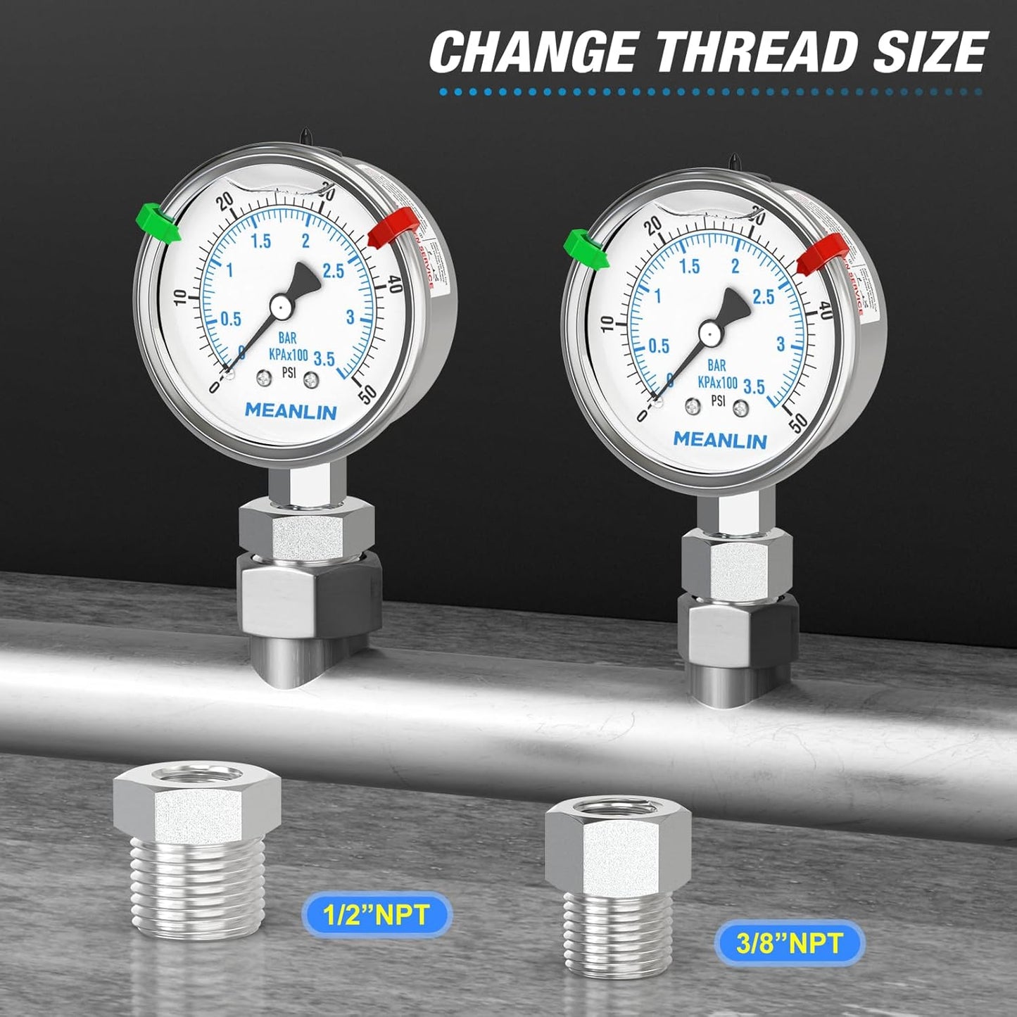 MEANLIN MEASURE 0~50Psi Stainless Steel Liquid Filled Pressure Gauge 2.5" FACE DIAL 1/4" NPT for Pool Sand Filter Water Oil Air Pressure Test Lower Mount with Stainless Steel Hex Bushing and Snaps