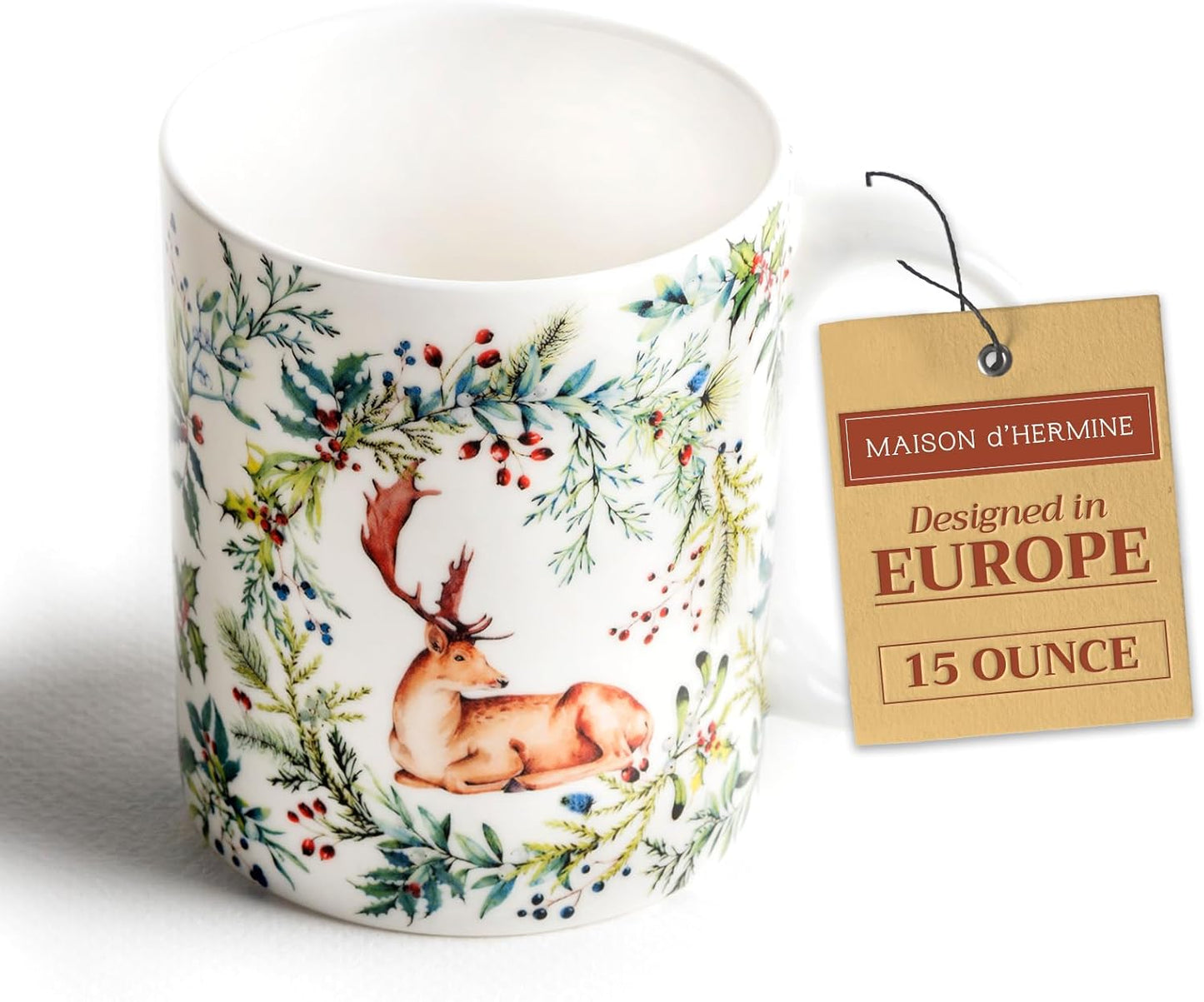 Maison d' Hermine Coffee Mug with Handles Fine Bone China Mugs Pack of One Tea Cups for Hot Beverages Cappuccino Latte Home Restaurant Office Perfect for Gift (Holly Time - Cerf, 15 Ounce)