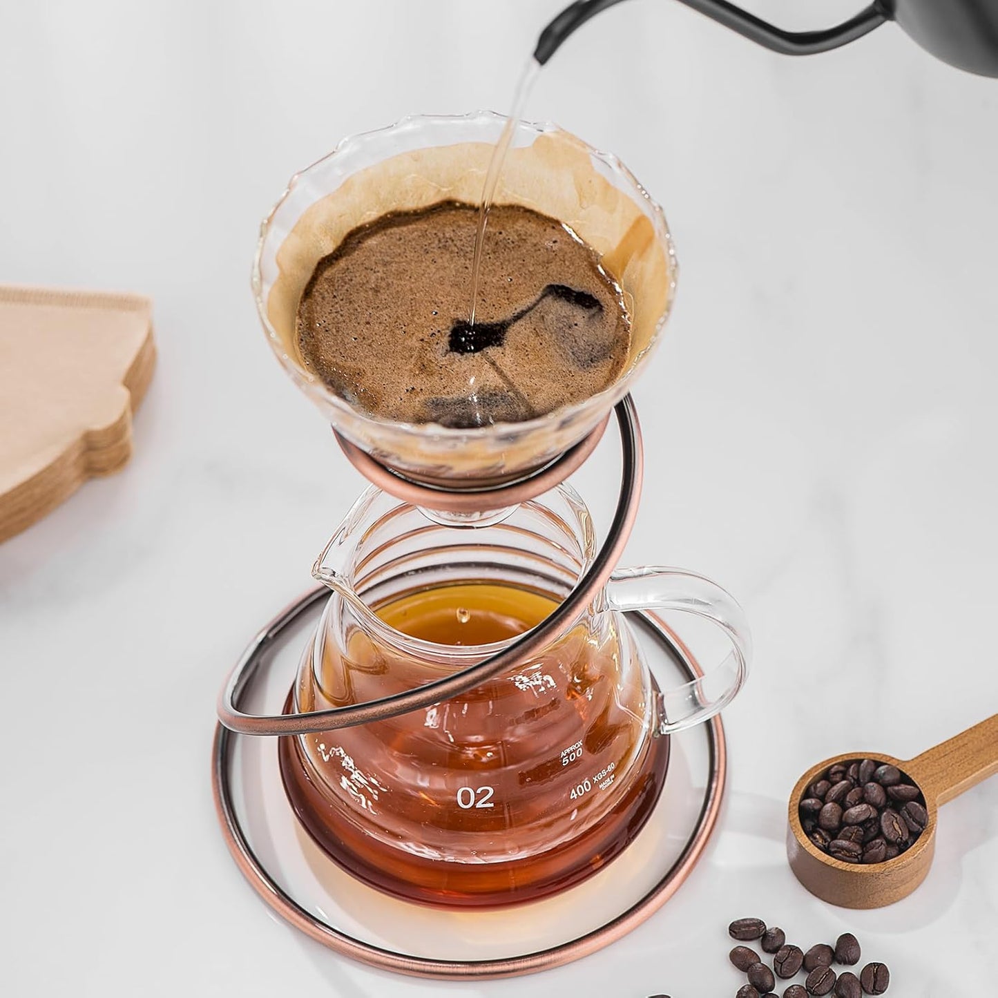 Coffee Pour Over Set – Complete Pour Over Coffee Maker with Dripper, 40Filters, and Metal Stand – Portable & Stylish Style Drip Coffee Brewer