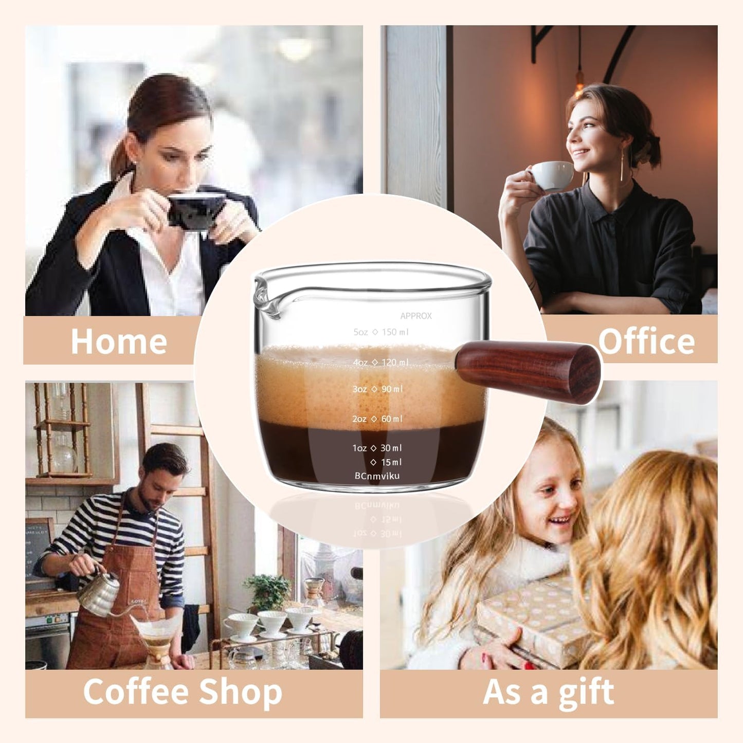 BCnmviku Espresso Shot Glass 150ML/5OZ Triple Pitcher Barista Single Spouts With Wood Handle (1)