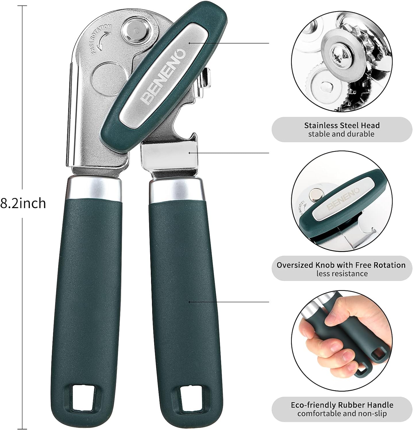 Beneno Can Opener Manual with Magnet, Hand Held Heavy Duty Can Opener with Durable Sharp Blade Smooth Edge, Big Effort-Saving Knob, Soft Grip Rubber Handle, Multifunctional Bottle Opener, Green