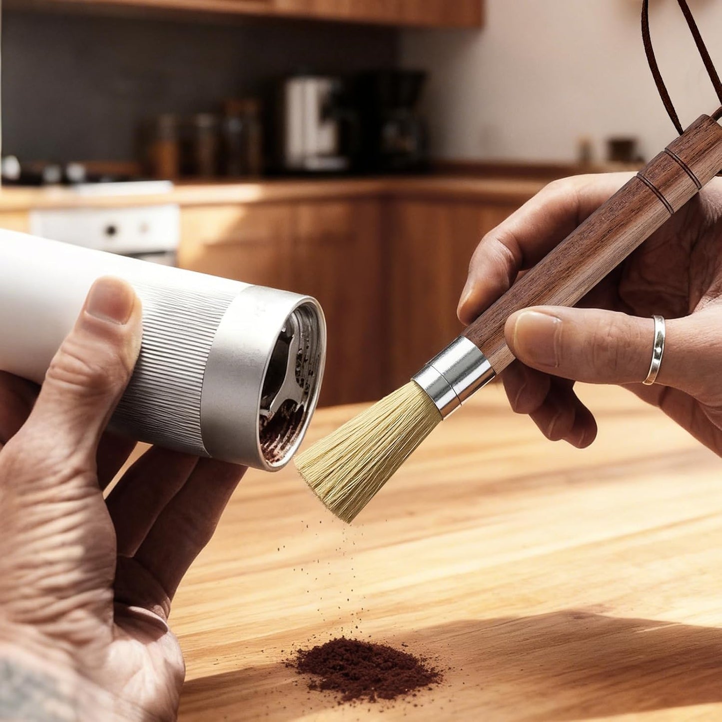 Coffee Grinder Cleaning Brush Set, Espresso Machine Brush Cleaner Tool with Walnut Wood Handle and Natural Bristles for Barista Home Kitchen