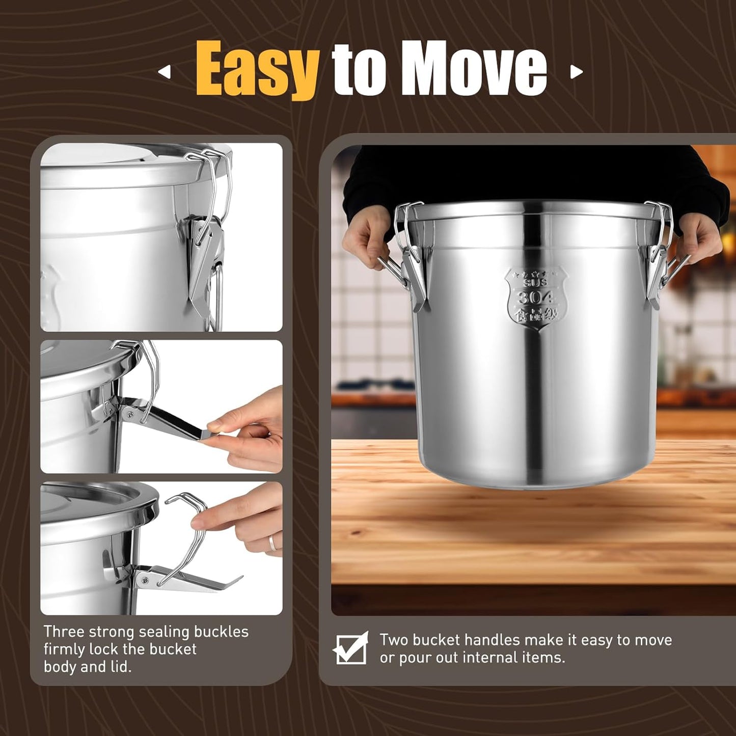 PERFERATE 304 Stainless Steel Airtight Canister 6L/12L Food Storage Bucket with Lids and Sturdy Locking Clamp Metal Cereal Rice Storage Container for Flour, Coffee Bean, Sugar, Cookie (33L)