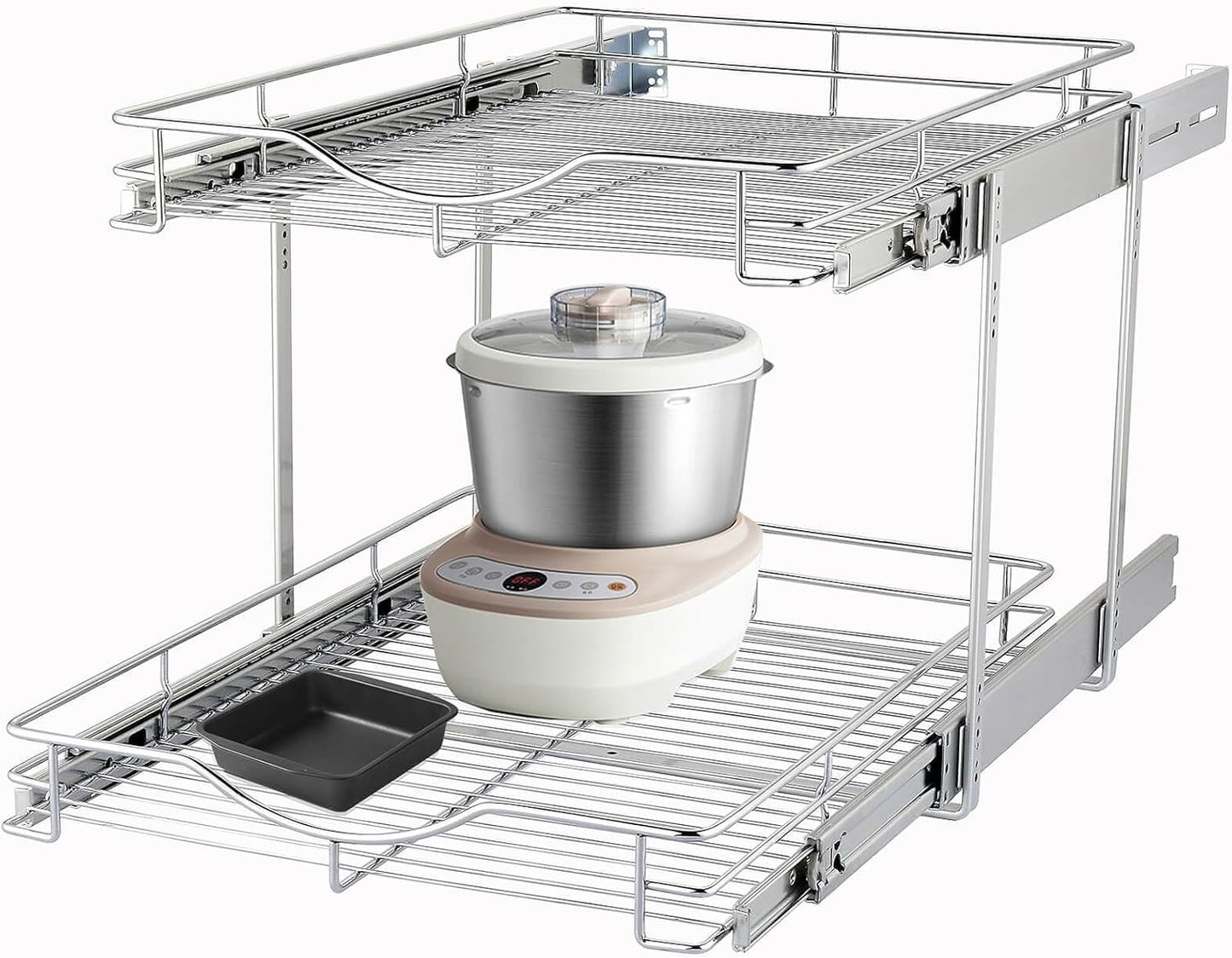 DINDON 2 Tier Pull Out Cabinet Organizer (20" W X 21" D), Double Tier Wire Basket Slide Out Shelf Storage for Kitchen Base Cabinet Organization for Kitchen, Pantry, Bathroom, Chrome