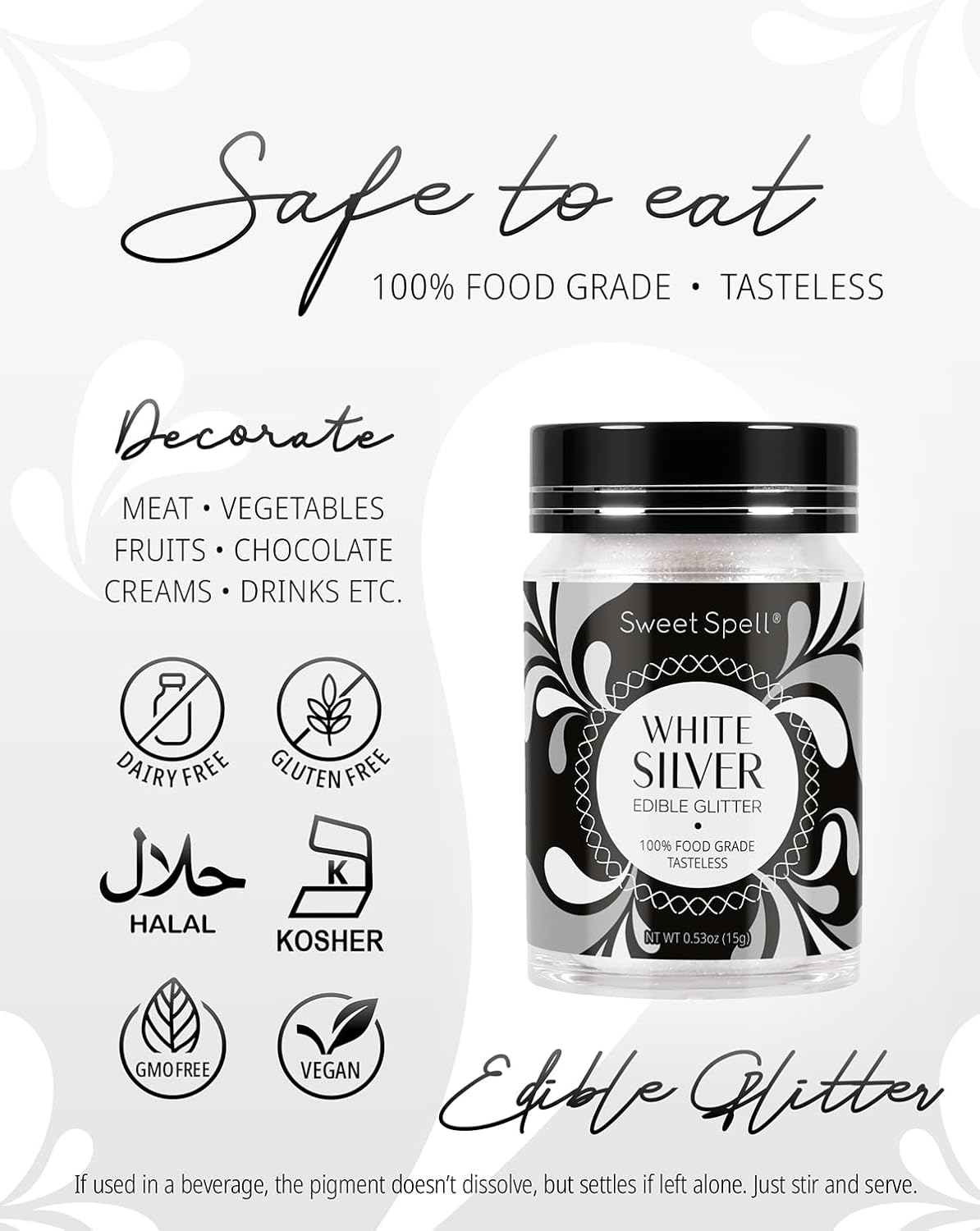 Sweet Spell Edible Glitter (15g) - Shimmer Sparkles for Drinks, Cakes, Cocktails - 100% Edible & Food Grade Glitter, Vegan, Gluten-Free (White Silver)