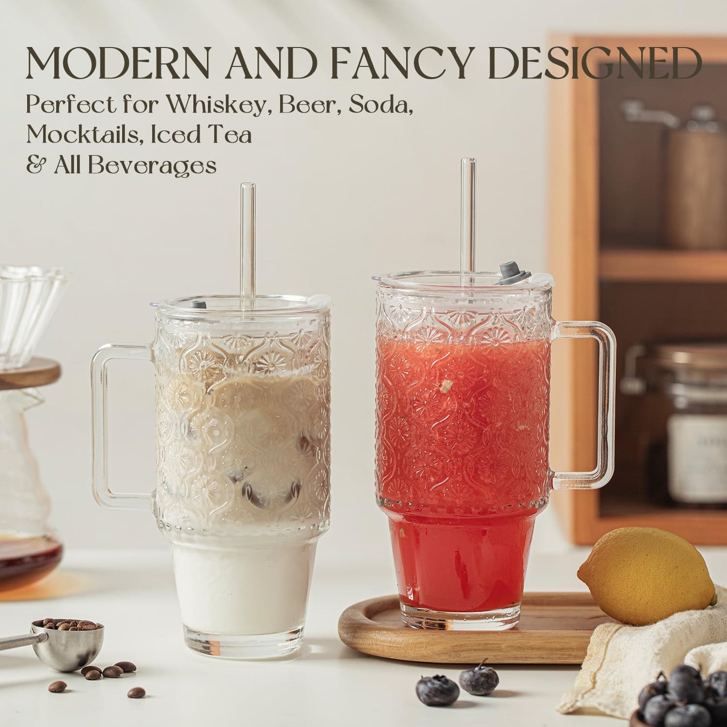 KEMORELA 2 Pack 24oz Glass Tumbler with Straw and Lid - Iced Coffee Cups with Handle, Reusable Smoothie Cup for Cold Drinks, Begonia Pattern, Dishwasher Safe