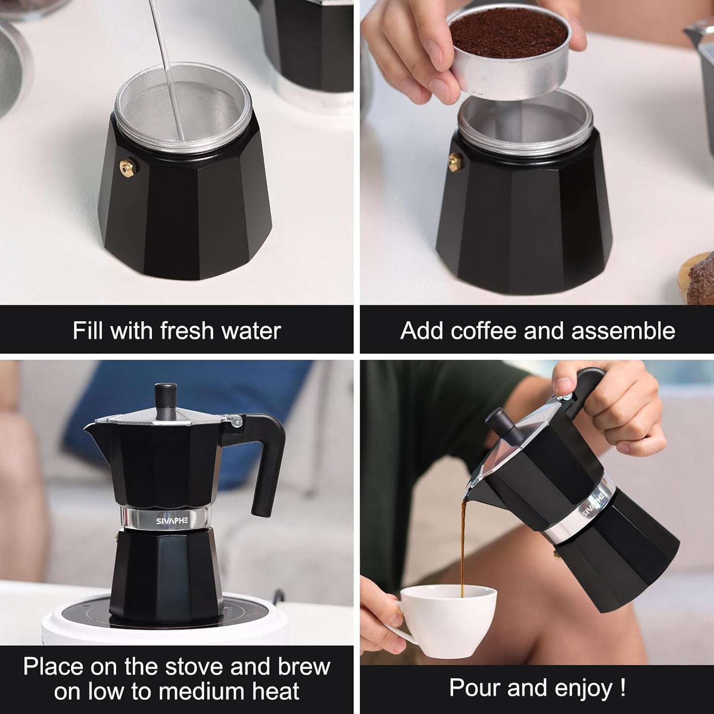 Sivaphe Aluminum Moka Pot 6 Espresso Cups, Percolator Espresso and Coffee Maker, Portable Stovetop Italian and Cuban Café Brewer for Home and Camping Black