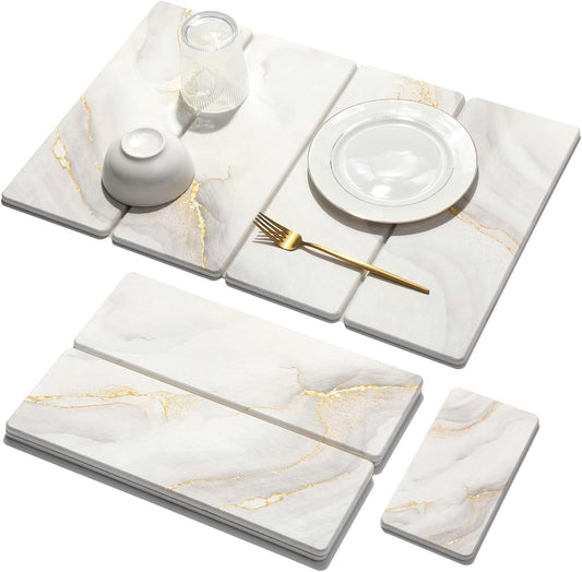 Large Stone Dish Drying Mat for Kitchen Counter Quick Dry Stone Dishes Mats Marbled Water Absorbing Diatomaceous Earth Drying Pad for Countertop Bottles Utensils Cups (Yellow White 24"x16"&8"x4")