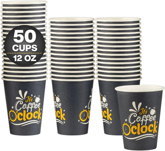 Smygoods Disposable Coffee Cups, To Go Paper Hot Cups, Coffee O'Clock Design (12 OZ, 50 Count) For Hot Beverages, Coffee, Tea, Espresso, Cocoa - Vasos Para Cafe