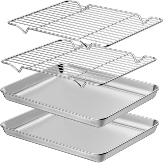Wildone Baking Sheet with Rack Set [2 Sheets + 2 Racks], Stainless Steel Cookie Pan baking Tray with Cooling Rack, Size 10 x 8 x 1 Inch, Non Toxic & Heavy Duty & Easy Clean