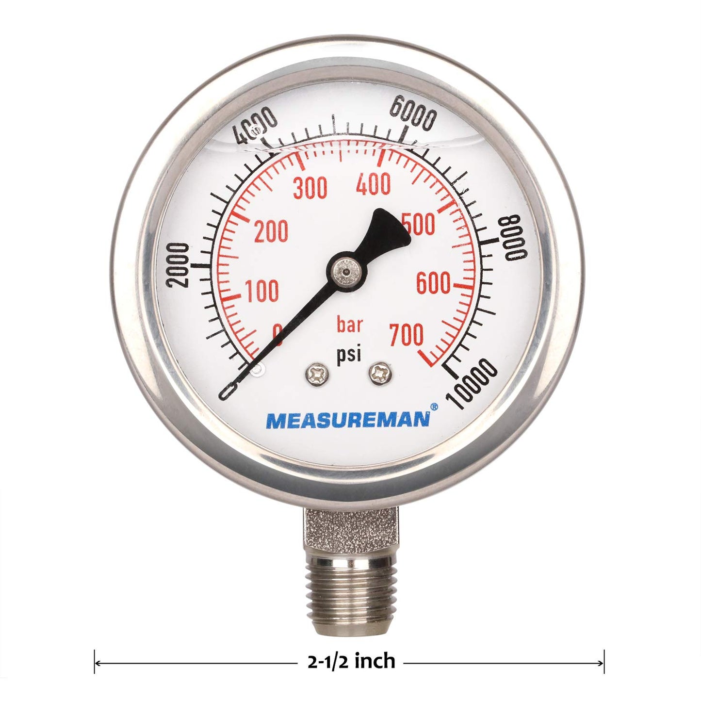 MEASUREMAN 2-1/2" dial,Glycerin Filled Hydraulics Pressure Gauge Stainless Steel case, 316 SS Wetted Part, 0-10000psi/bar1/4 NPT,Lower Mount