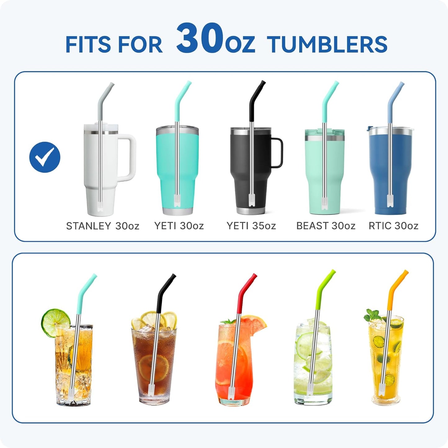 Reusable Metal Straws with Silicone Tip for Stanley 30oz,Stainless Steel Drinking Straws for 30oz Tumbler,3 Straight Tubes & 6 Tips& 1 Cleanr Brush (Iris)