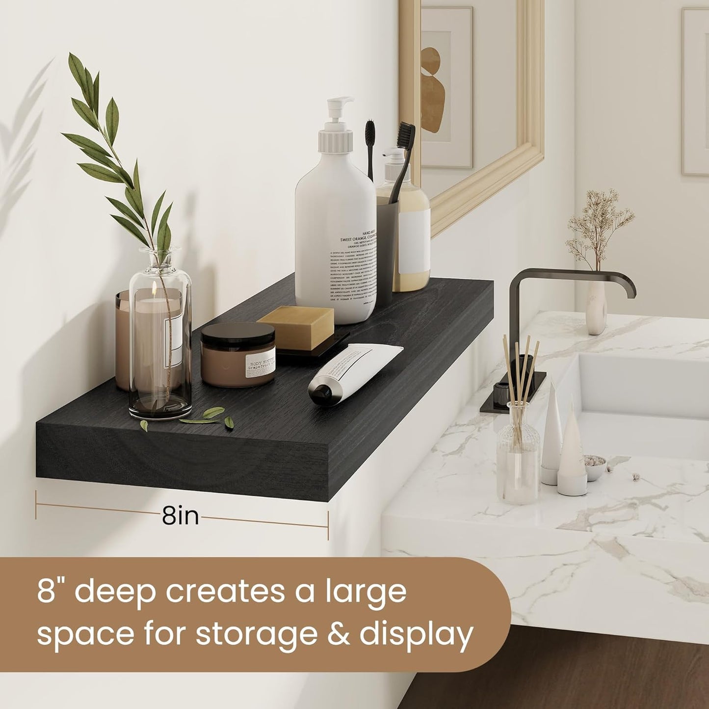 Floating Shelves for Wall, Real Wood Floating Shelf Set of 2, 8 Inch Deep Floating Shelves, Rustic Wood Wall Shelf for Home Decor, Deep Storage Shelves for Bathroom, Kitchen, 16"W x 8"D, Black Color