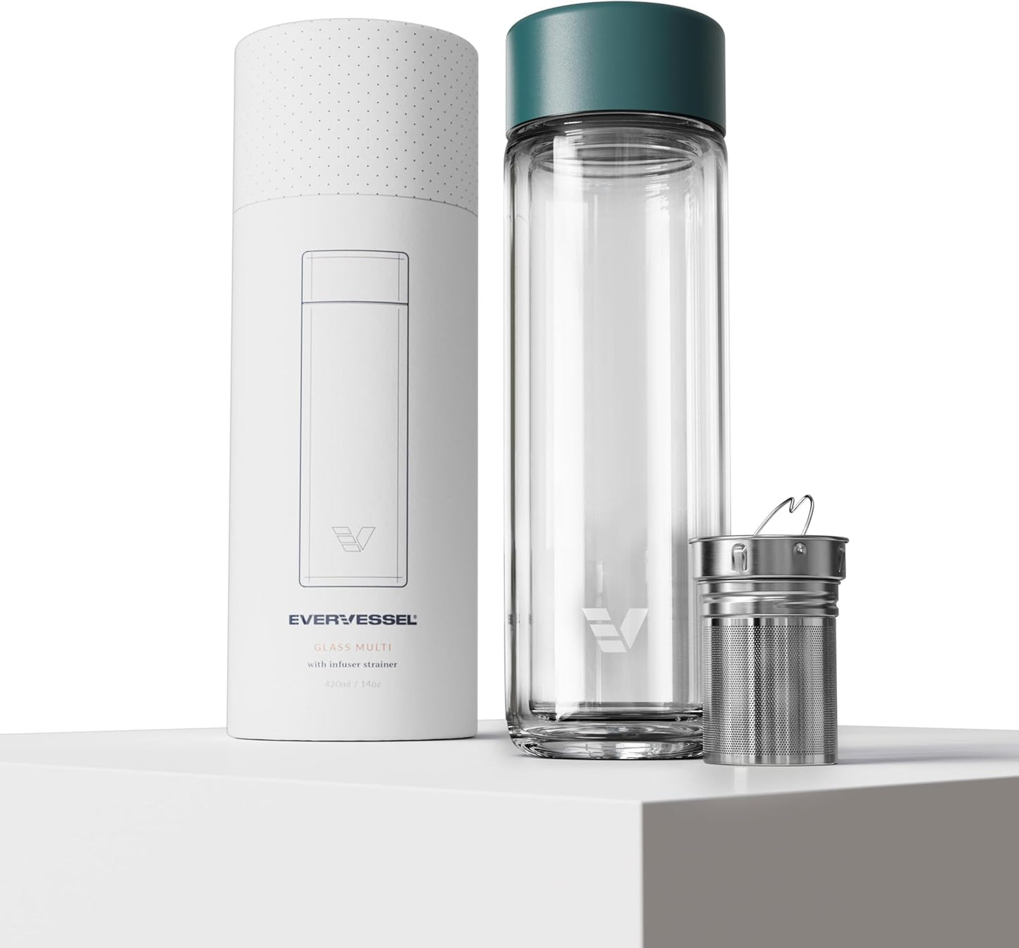 Glass Multi Tea Infuser Bottle 14oz - Double Wall Borosilicate Glass Flask | No Plastic Touches Contents | Perfect for Office or Home - Dark Green