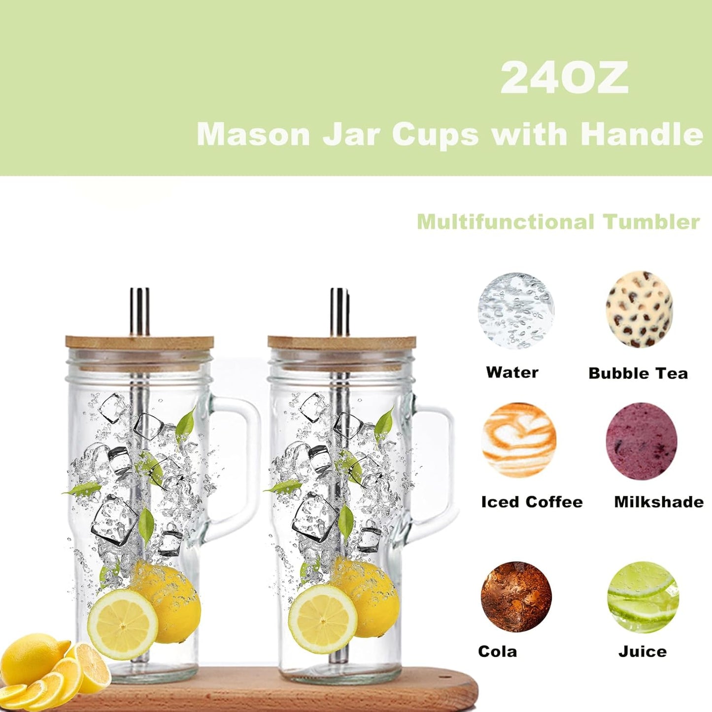 24oz Mason Jar Cups with Handle, Clear Glass Tumbler with Bamboo Lid and Straw, 2 Pack Glass Iced Coffee Cup with Lids, Cold Drinking Glasses for Iced Coffee, Juice, Bubble Tea,cola