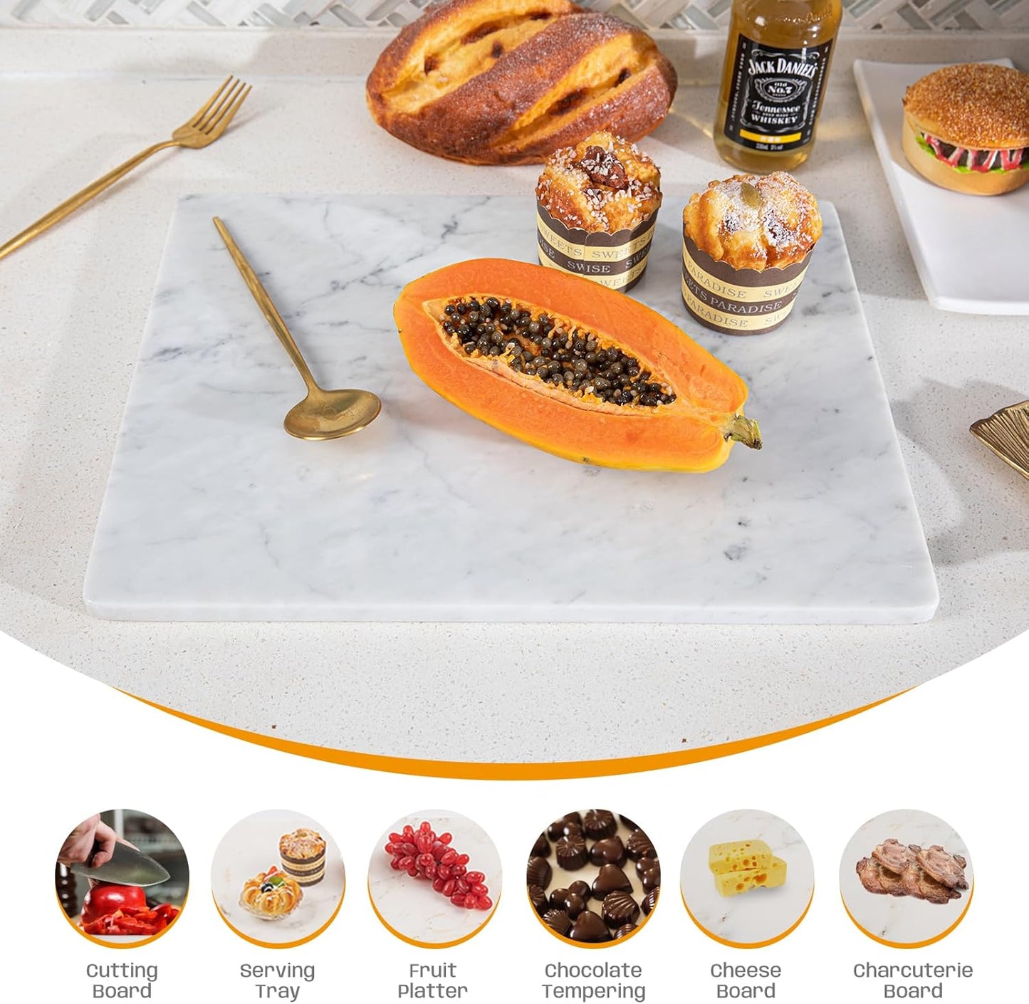 Marble Pastry and Cutting Board 12x16 Inch, Marble Slab With Non-Slip Feet For Baking, Cheese, Charcuterie, Chocolate, Pack of 1 Piece, Carrara White