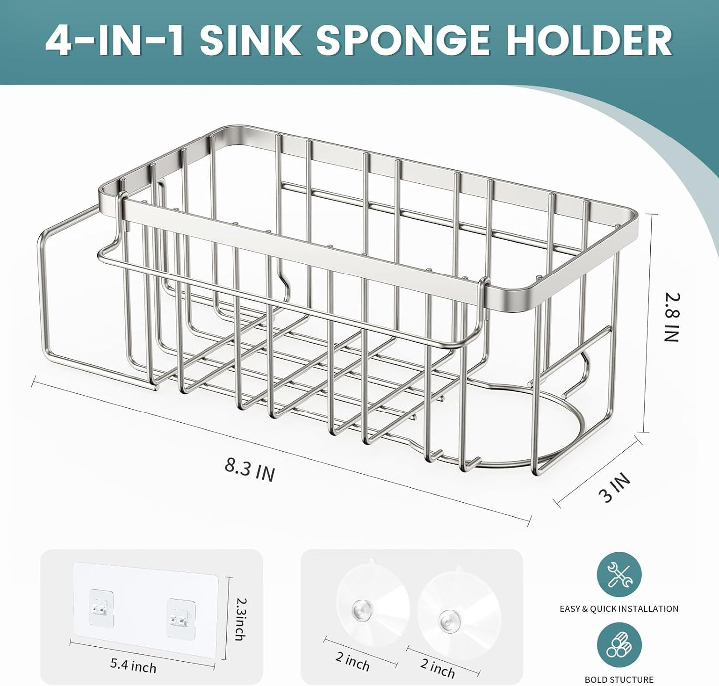 StorageRight 4-in-1 Sponge Holder for Kitchen Sink, Kitchen Organizers and Storage with Adhesive Hook & Suction Cups, Rustproof Sink Caddy for Kitchen Decor, Kitchen Sink Organizer - Silver