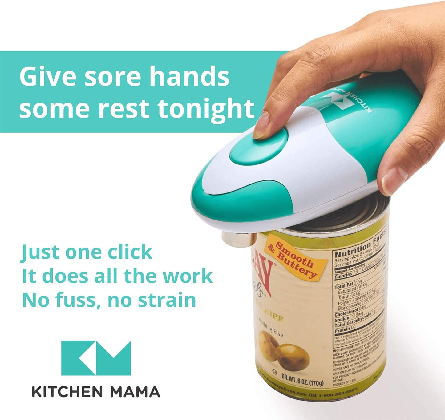 Kitchen Mama Auto Electric Can Opener: Safe, Easy with One Touch, Smooth Edge, Battery Operated, Cordless, Automatic Can Opener for Seniors with Arthritis, Hand Free Appliances, YES YOU CAN (Teal)
