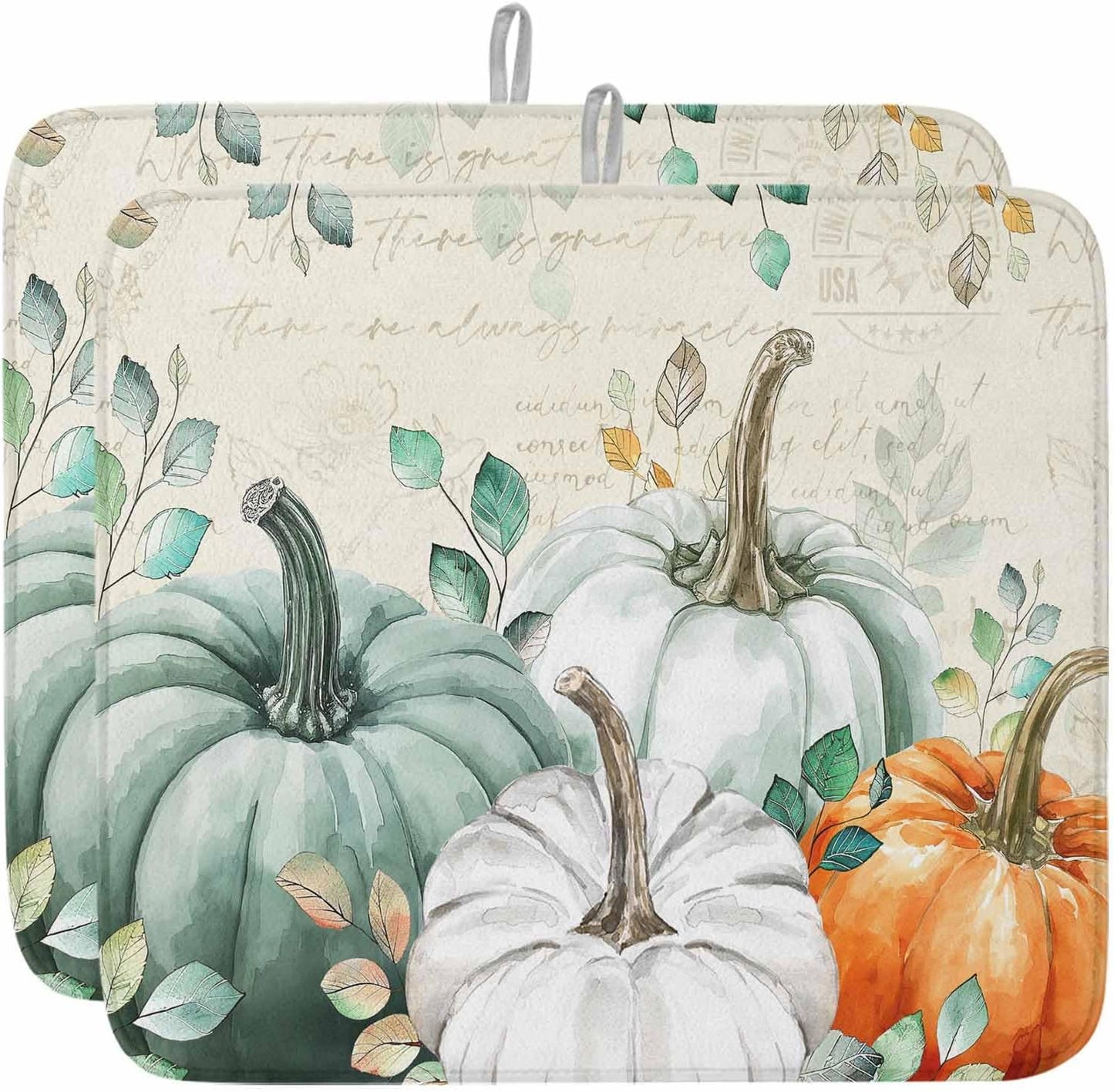 Fall Dish Drying Mat for Kitchen Counter Green Pumpkin Drying Pad Absorbent Drying Mats for Countertops Sinks Draining Racks Eucalyptus Leaves Drainer Holiday Harvest Thanksgiving Decorations 16x18