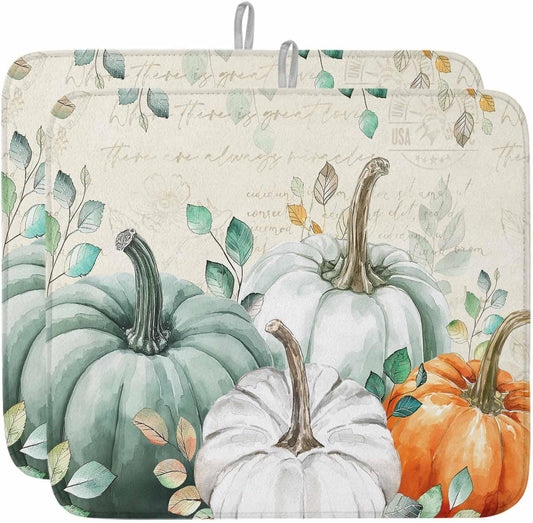 Fall Dish Drying Mat for Kitchen Counter Green Pumpkin Drying Pad Absorbent Drying Mats for Countertops Sinks Draining Racks Eucalyptus Leaves Drainer Holiday Harvest Thanksgiving Decorations 16x18