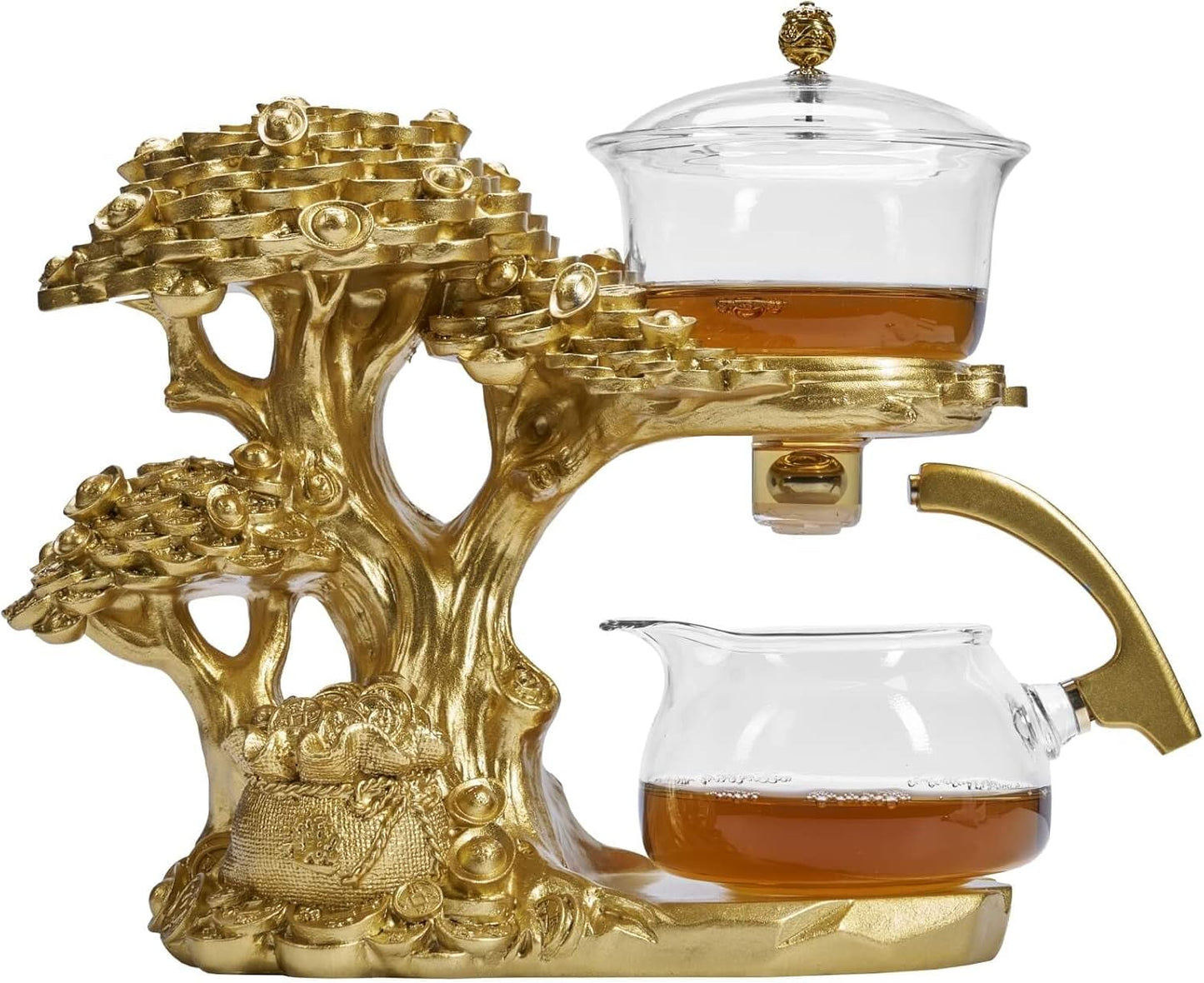 Glass Teapot Set with Infuser Semi Automatic Tea Set Magic Teapot (Tree - golden)