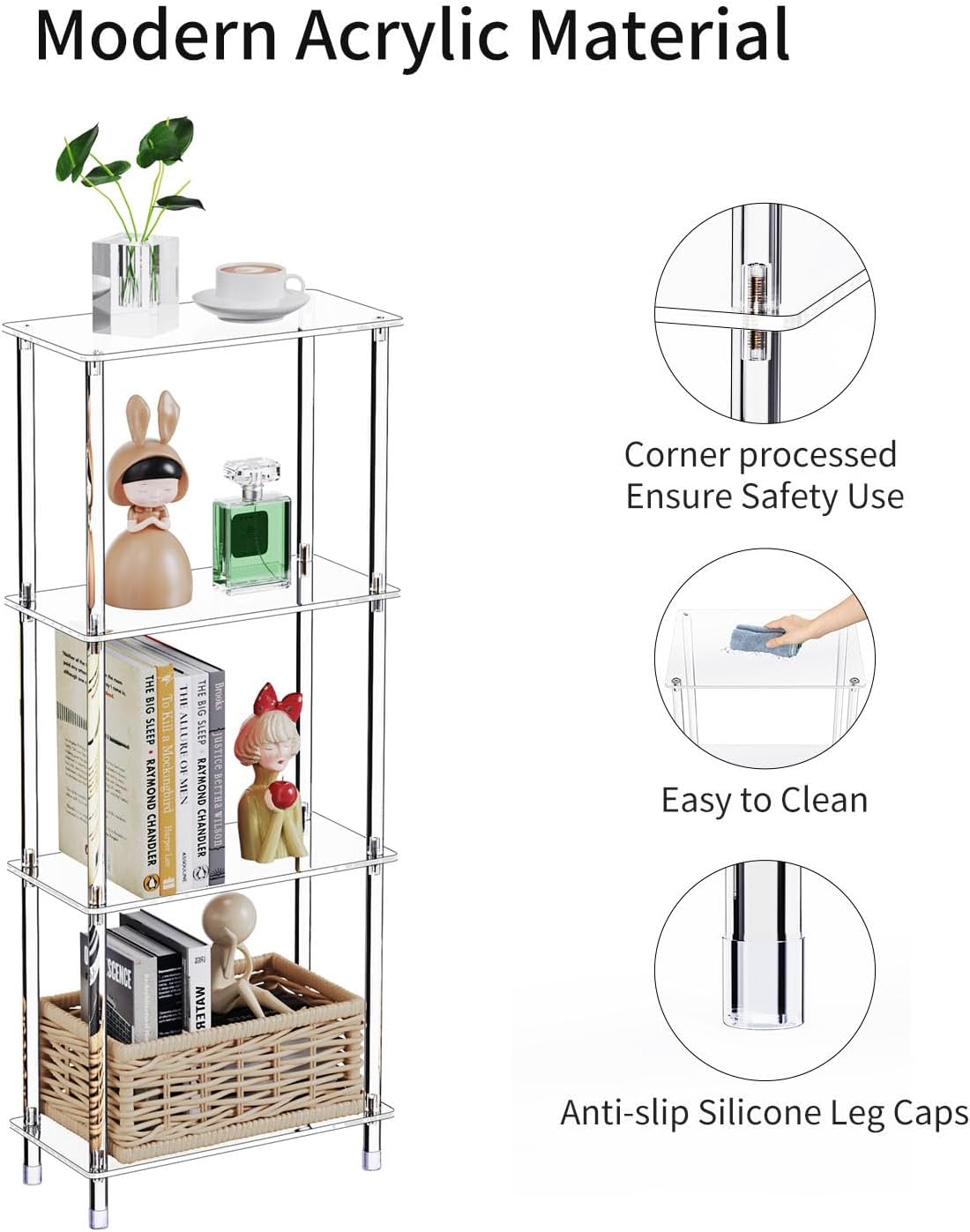 Clear Acrylic Narrow Side Table for Small Spaces, 15.75" L x 7.87" W x 38.7" H, 4 Tier Rectangle Slim End Table Nightstand, Small Mini Skinny Bedside Table for Bedroom, Bathroom, Living Room