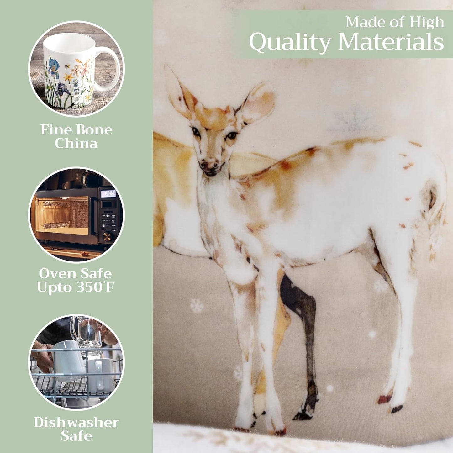 Maison d' Hermine Coffee Mug with Handles Fine Bone China Mugs Pack of Two Tea Cups for Hot Beverages Cappuccino Latte Home Restaurant Office Perfect for Gift (Deer In The Woods, 12 Ounce)