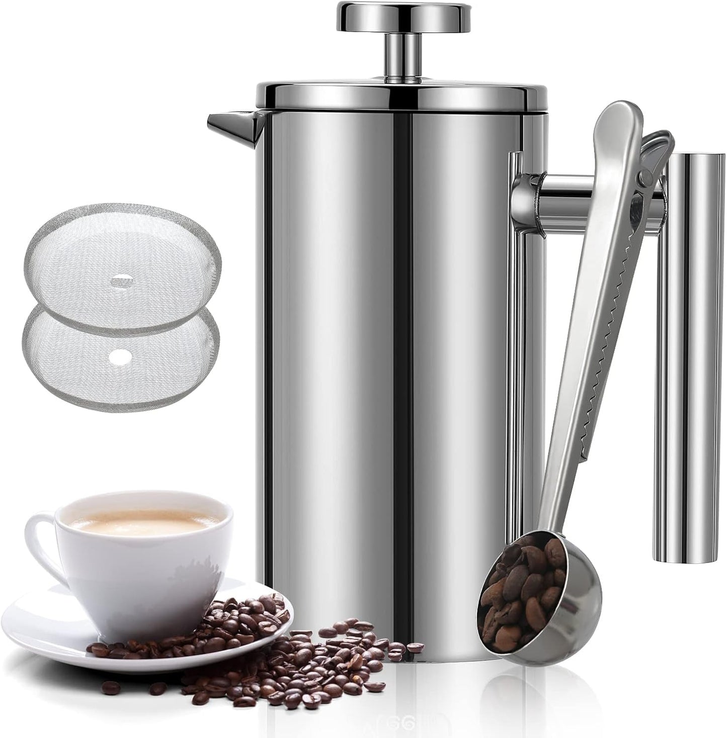 French Press Coffee Maker 34oz, Double-Wall Insulated French Press Stainless Steel 1L for travel camping, Included 2 Extra Screens and 1 Coffee Spoon （6-8cup 1000ml）