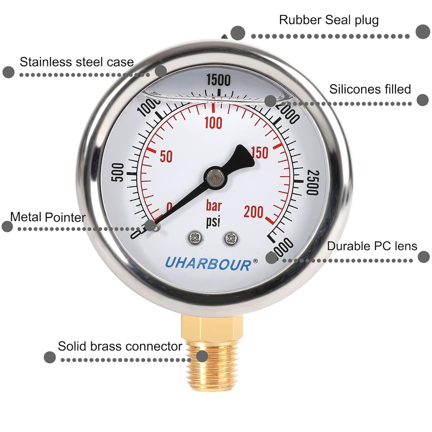 Glycerin Filled Pressure Gauge 3000psi/200bar, Stainless Steel case, Brass Inside Construction, 2-1/2" dial, 1/4" NPT Rear Connection.