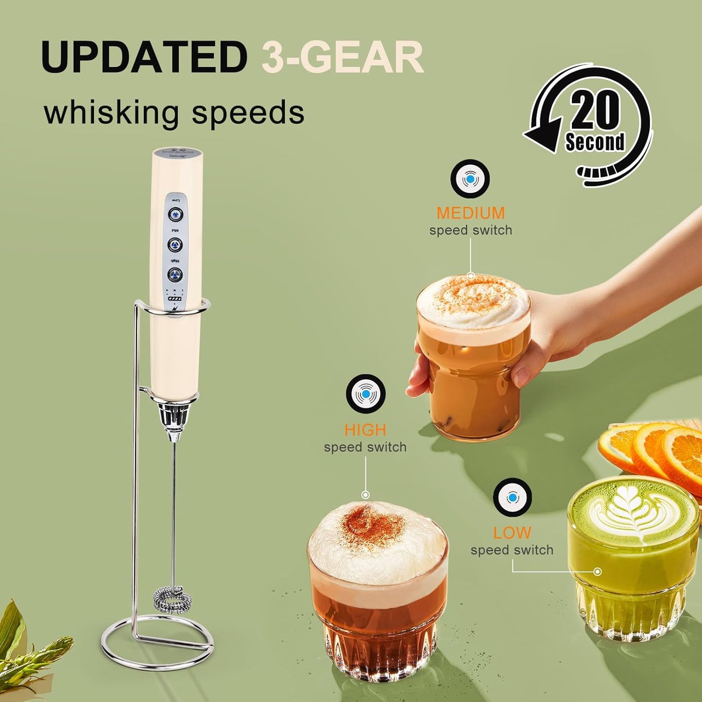 YUSWKO Beige Handheld Milk Frother Wand with Stand for Coffee, Rechargeable Electric Whisk with 3 Heads 3 Speeds Drink Mixer Coffee Frother For Latte, Cappuccino, Hot Chocolate, Egg