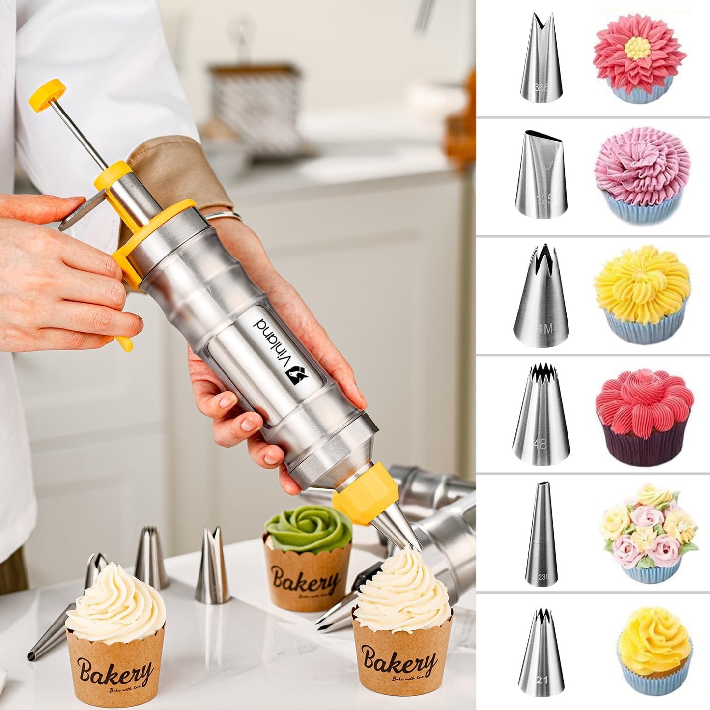 Dessert Decorating Syringe Set Icing Piping Kit Frosting Piping Kit Stainless Steels Cake Decorating Kit with 10 food grade stainless steel piping tips & 50 Disposable Piping Bags Yellow