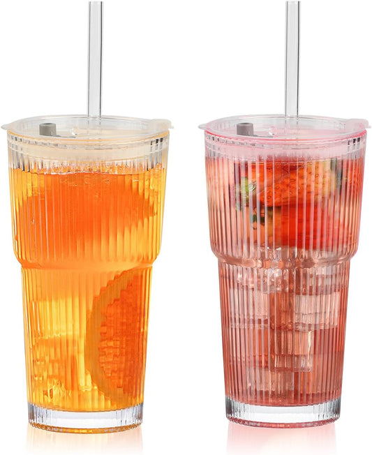 20oz Ribbed Glass Cups with Lids and Straws, Vintage Glass Tumbler with Straw, 2 Piece Iced Coffee Cups Set, Thicked Wall Drinking Glasses Ideal for Coffee, Smoothies, Juices Matchas