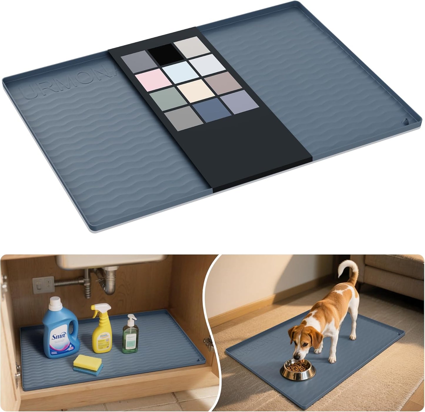 URMONA Waterproof Silicone Under Sink Mat 37'' x 22'' Shelf Liner for Kitchen and Bathroom, Cabinet and Counter Protector, Storage and Organizers, Litter Mat, Pet Cat Puppy Essentials(Dark Grey)