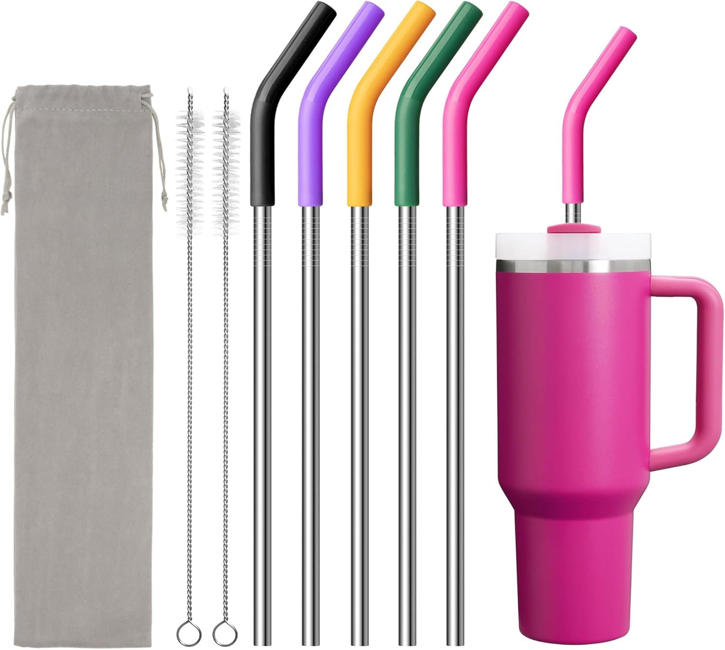 Metal Straw for Stanley 40 oz Cup,Stainless Steel Replacement Straw with Silicone Tips for 40 oz Simple Modern, Meoky, Owala Tumbler, 1 Portable Bag