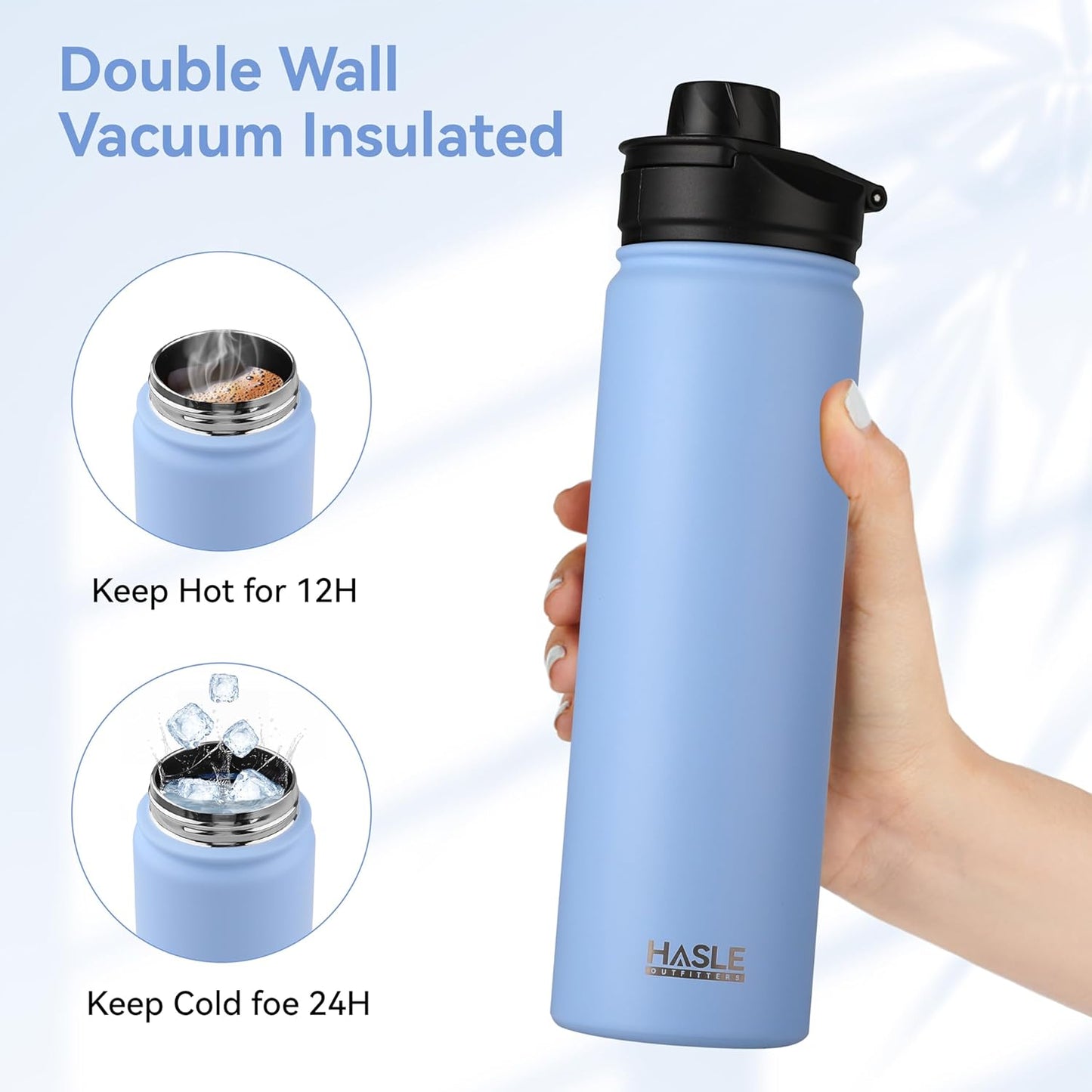 HASLE OUTFITTERS Insulated Water Bottle 22 oz Double Wall Stainless Steel Water Bottle Wide Mouth with Straw Lid & Spout Lid Keeps Cold or Hot(Blue,4)