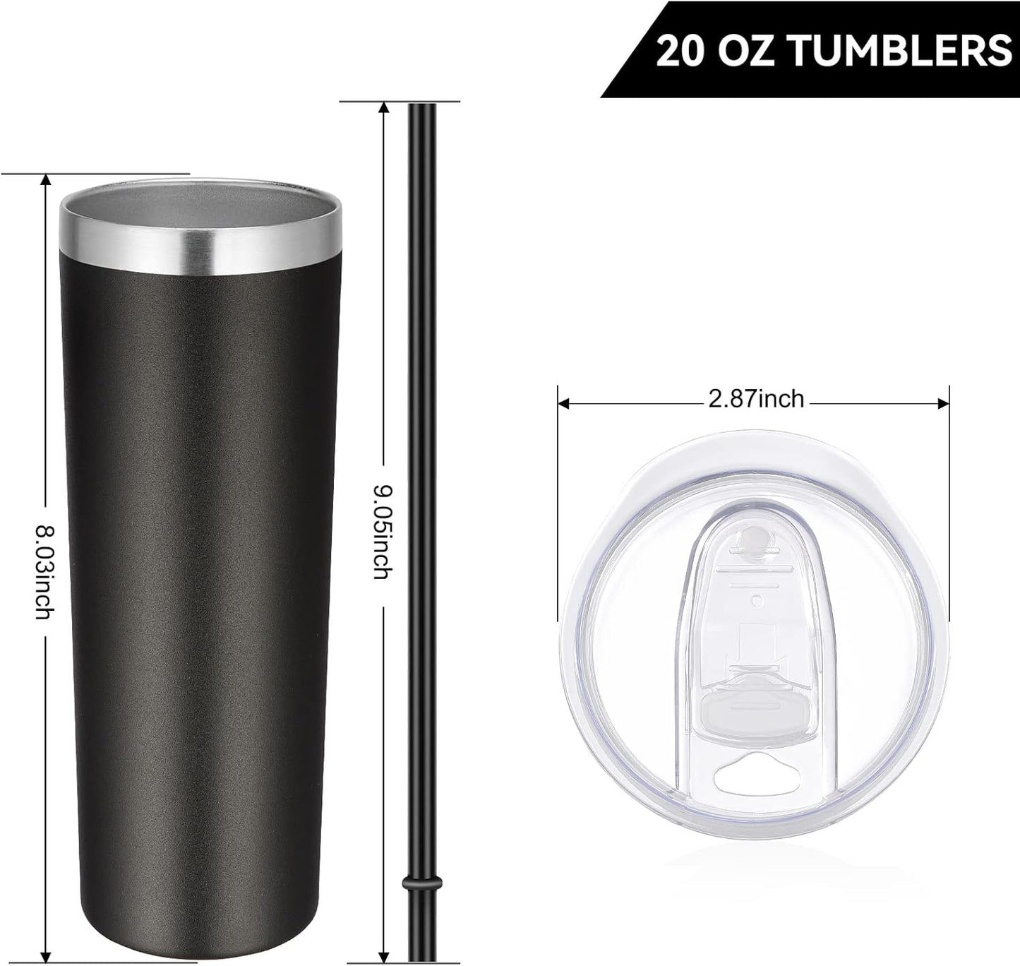 VEGOND Stainless Steel Tumblers Bulk 12 Pack, 20 oz Vacuum Insulated Skinny Tumblers with Lids and Straws, Double Wall Coffee Mug, Travel Water Cup, Black