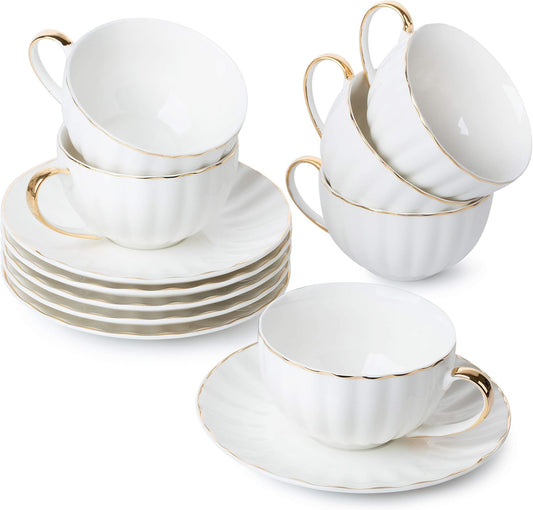 BTaT- White Tea Cups and Saucers Set of 6 (7 oz), Porcelain White Tea Cup Set with Golden Trim Design, Dishwasher Safe