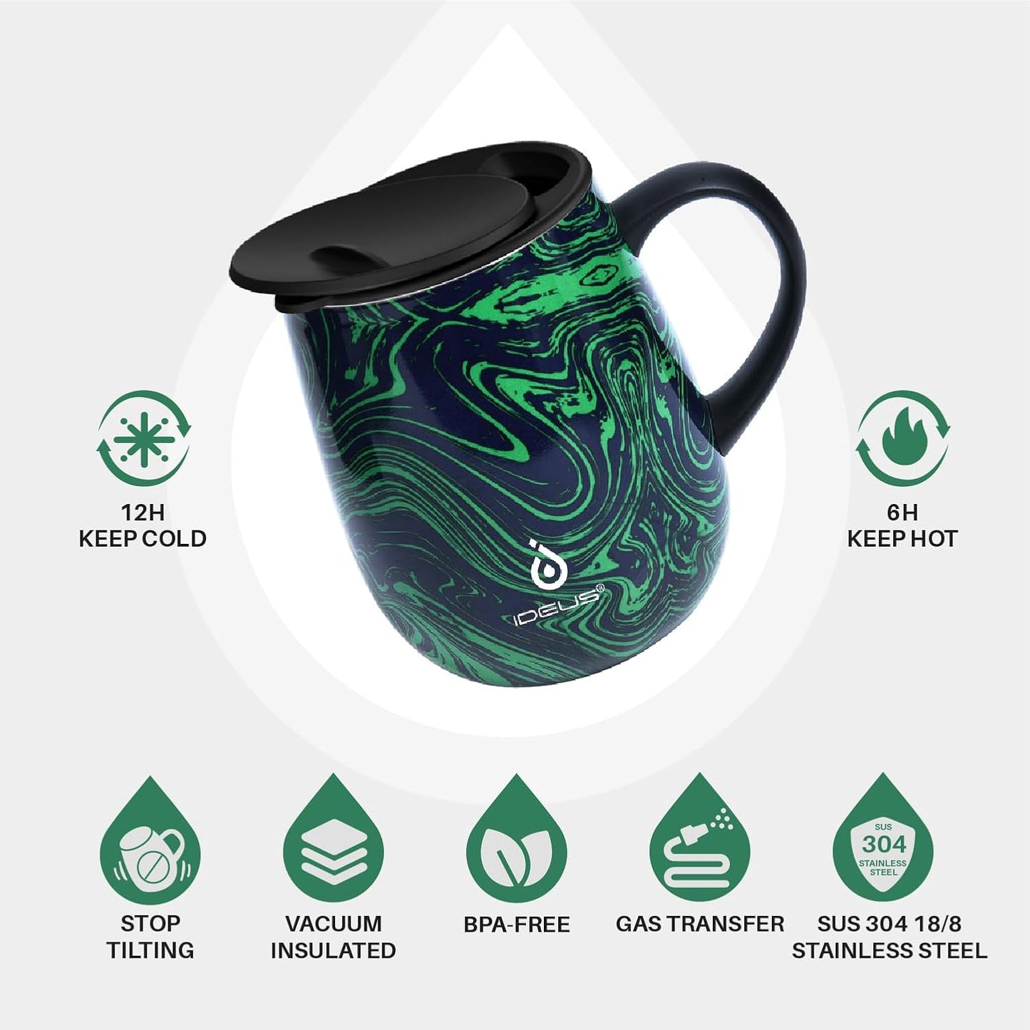 Ideus 16 oz (470 ml) Insulated Coffee Mug with Handle and Lid, Double Wall Stainless Steel Vacuum Thermal Coffee Mug, Travel Coffee Cup Thermal Cup for Home and Office (Green Zebra)