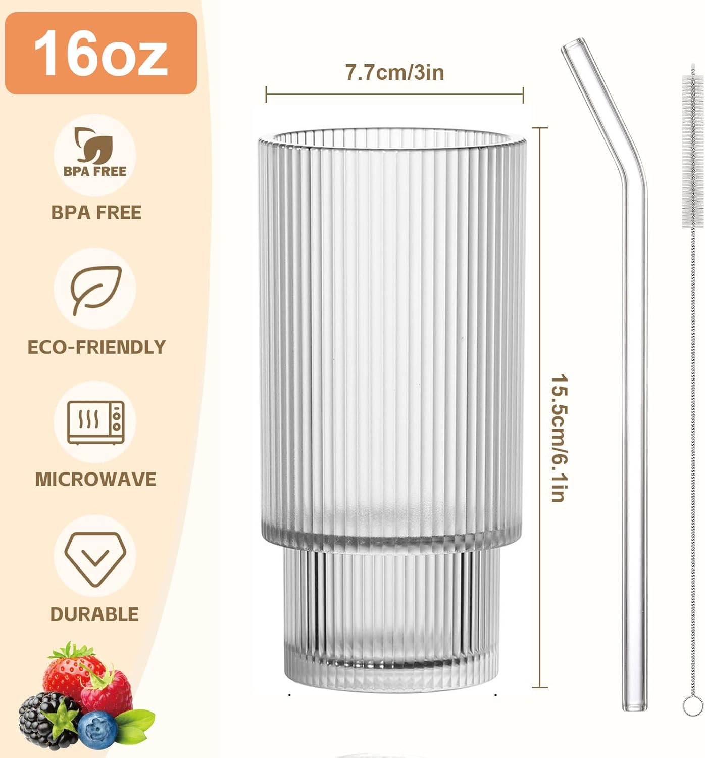 16OZ Ribbed Glass Cups with Lids and Straws,Iced Coffee Cups with Lid,Vintage Glassware for Whiskey Cocktail Beer Fruit Juice Glasses Tumbler(1Pack)